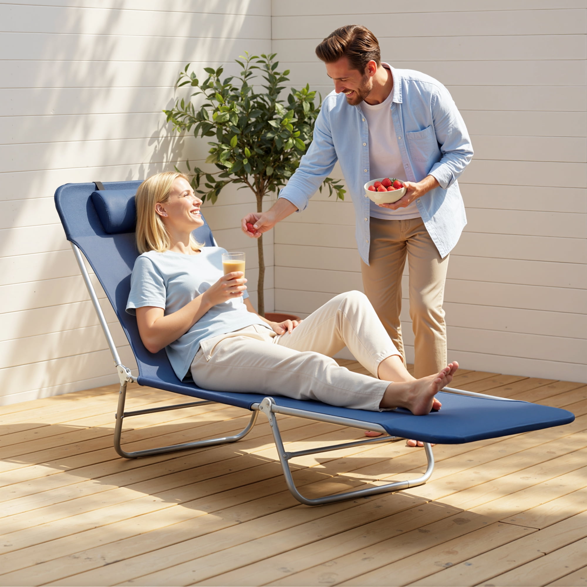 Outsunny Foldable Outdoor Chaise Lounge Chair, 5-Level Reclining Camping Tanning Chair with Breathable Mesh Fabric and Headrest (Dark Blue, 71.75 in L) yxiv2
