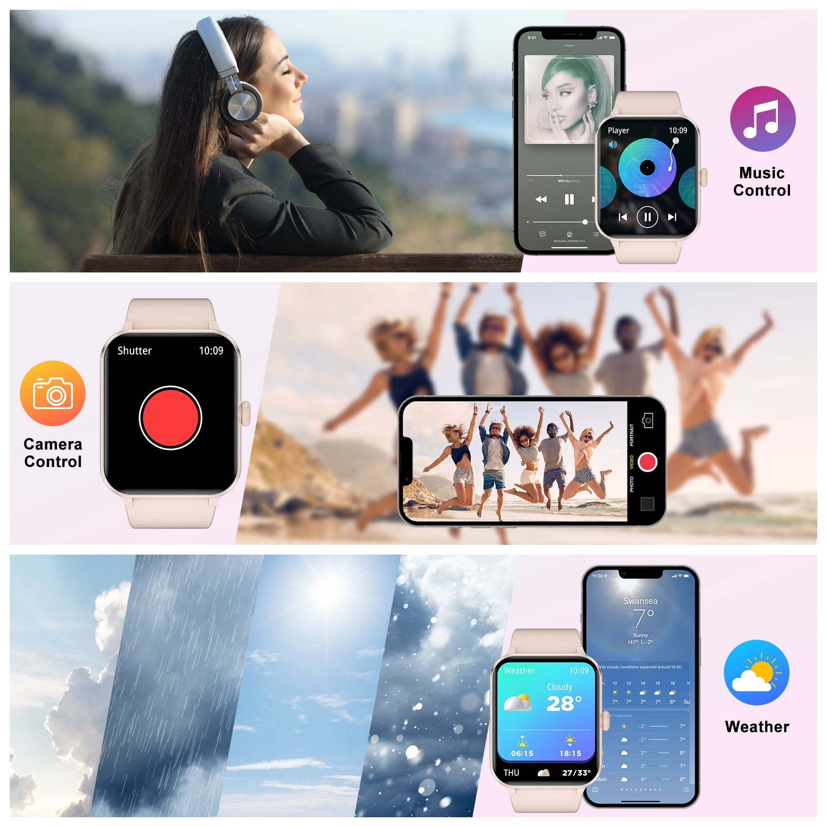 IOWODO Smart Watch with Bluetooth Calling and AI Voice Assistant, 1.85 in HD Touch Screen, IP68 Waterproof Fitness Tracker (Pink, 5.9-9.2 in) v41co