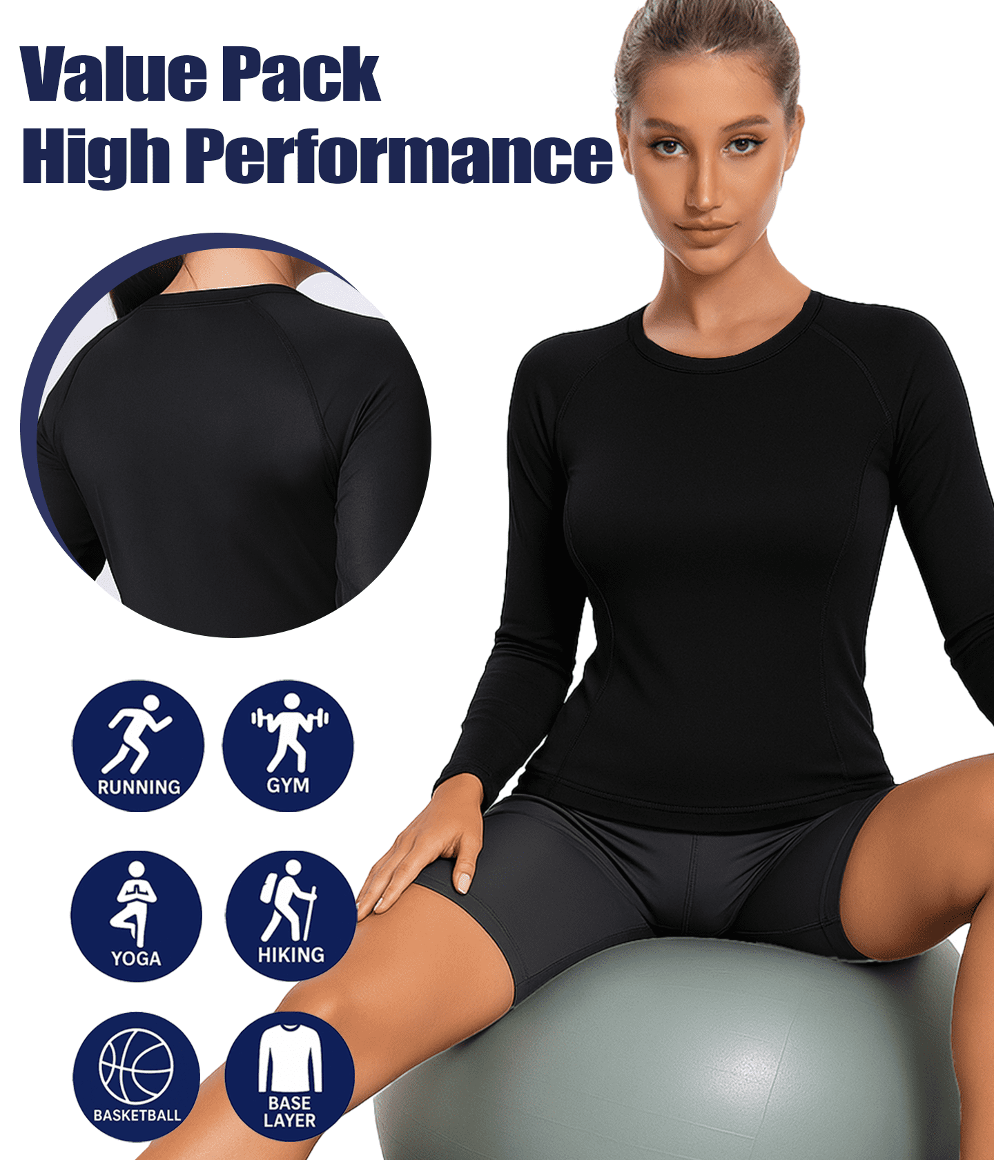 Raxilon Women's Long Sleeve Athletic Sun Shirt UPF 50+ Moisture-Wicking Workout Base Layer (Black, M, 4 Pack) syedp