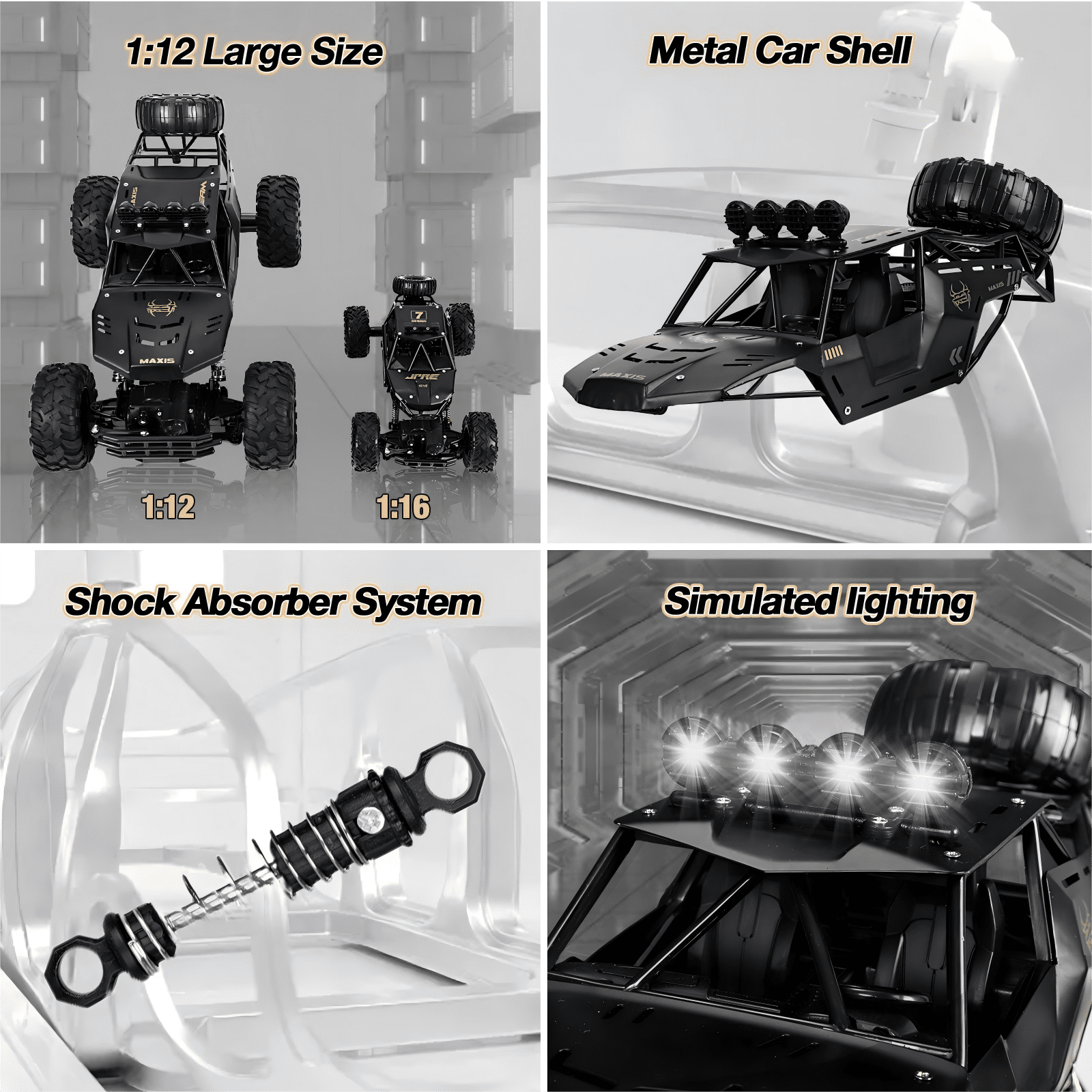 Wisairt 1:12 Scale RC Monster Truck, 4WD Remote Control Off-Road Vehicle with Alloy Body (Black, 1:12 Scale) i4gm9