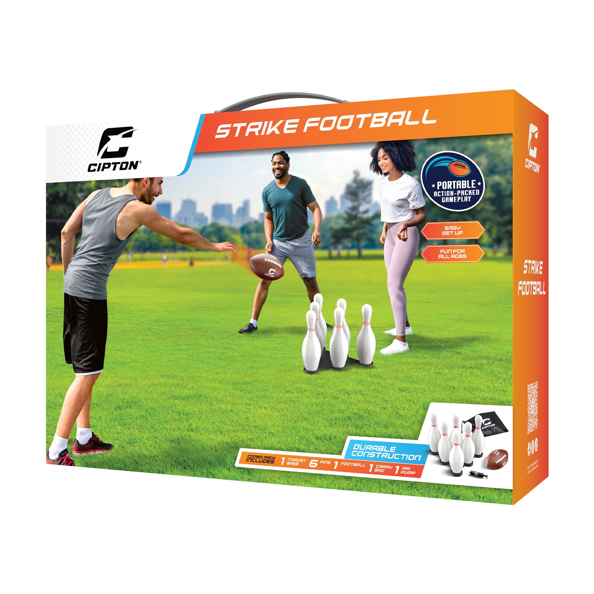 Cipton Strike Football Lawn Game Set, Outdoor Bowling Activity with 12 Pins, 2 Target Bases, Football, Air Pump, and Carry Bag (17-Piece Set) je7x4