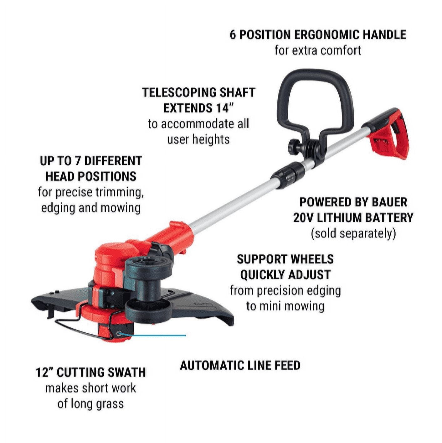 Bauer 12 in. Cordless String Trimmer and Edger, 20V Battery Operated Lawn Weed Cutter (Tool Only) 1rn03
