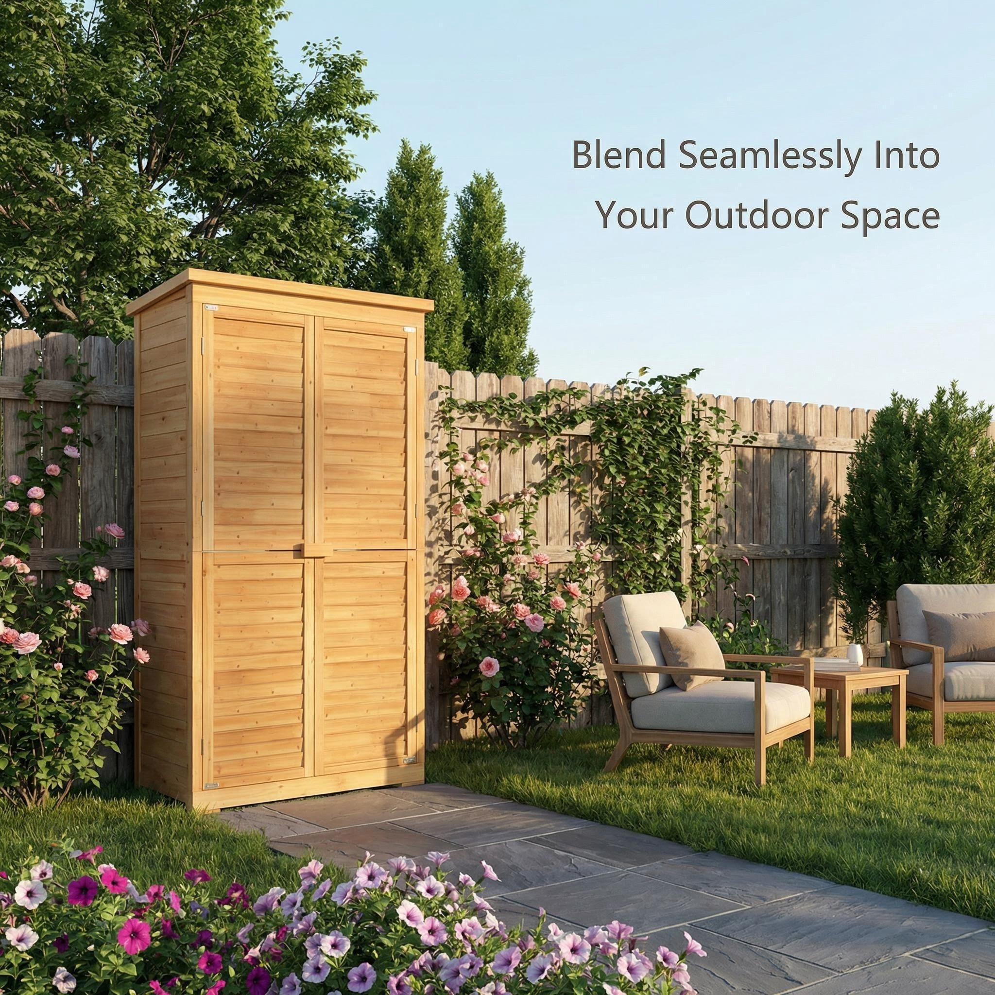 Lofka Outdoor Storage Cabinet, Weatherproof Garden Shed with Lockable Doors and Adjustable Shelves (Natural, 63.2 in) 71pwo