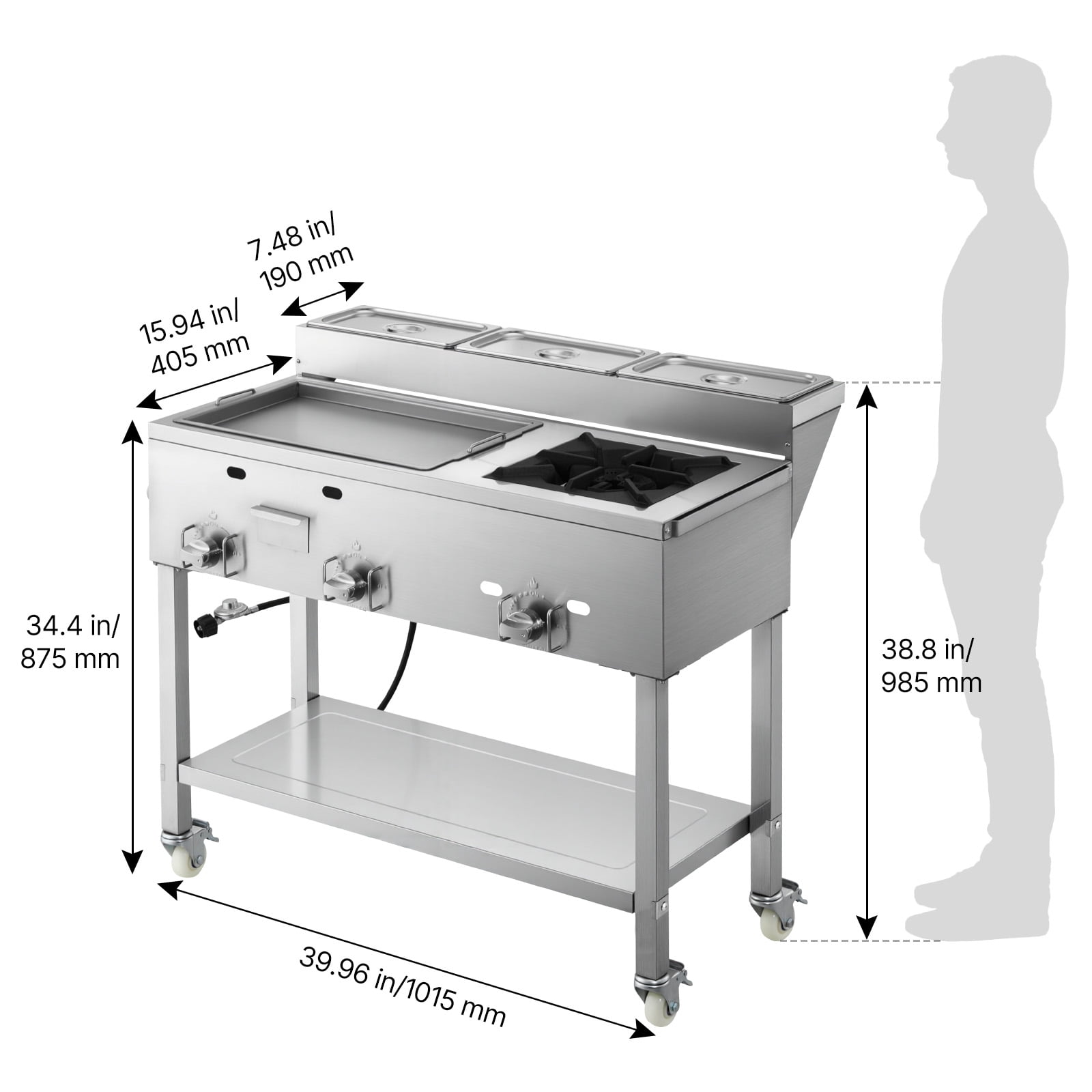 VEVOR Outdoor Propane Griddle, 3-Burner Commercial Stainless Steel Cooking Cart with Wheels and 3 Food Pans 2kqvv