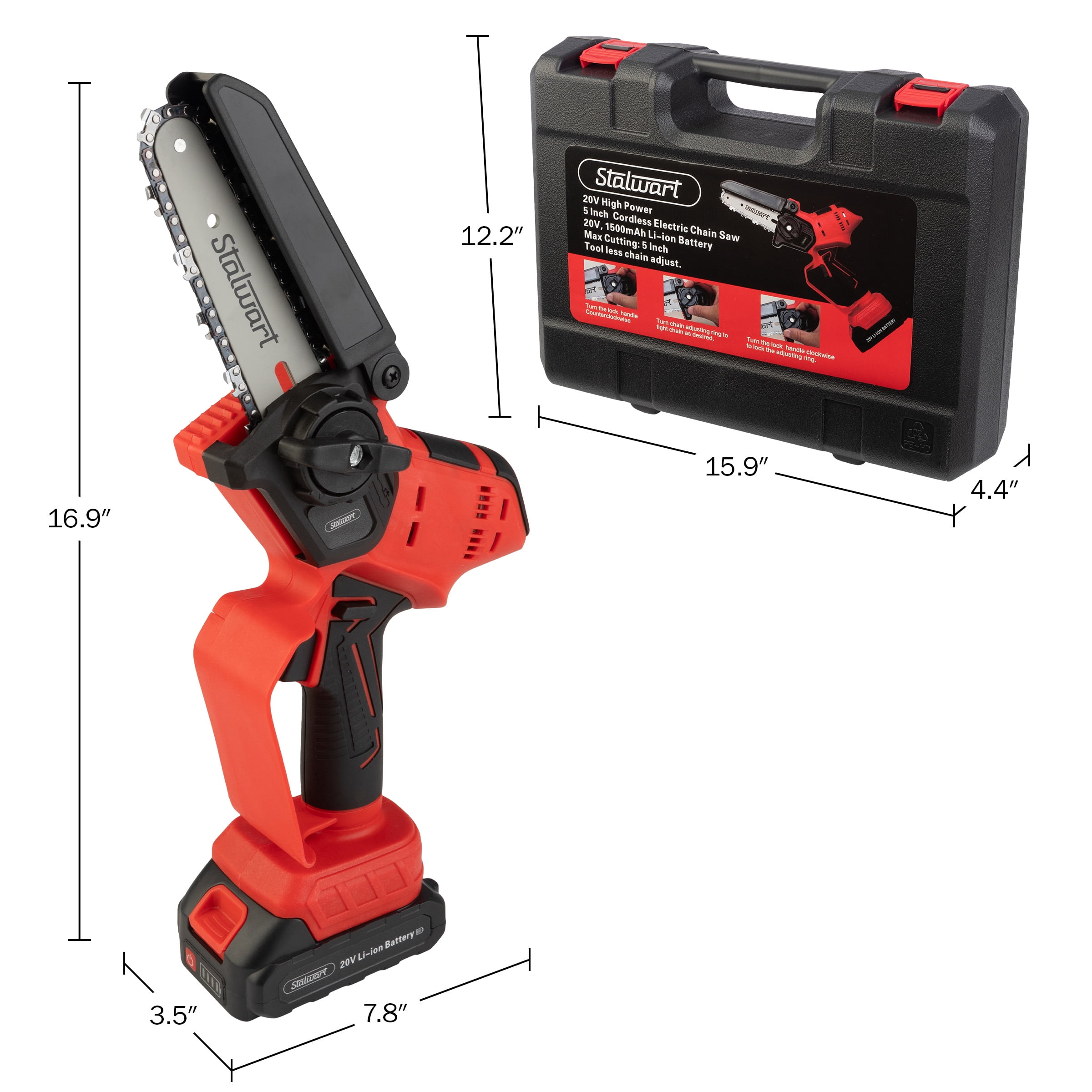 Stalwart 5-Inch Mini Chainsaw, Cordless Electric Power Tool with 20V Lithium Ion Battery (Red, 5.29 lb) 1478j