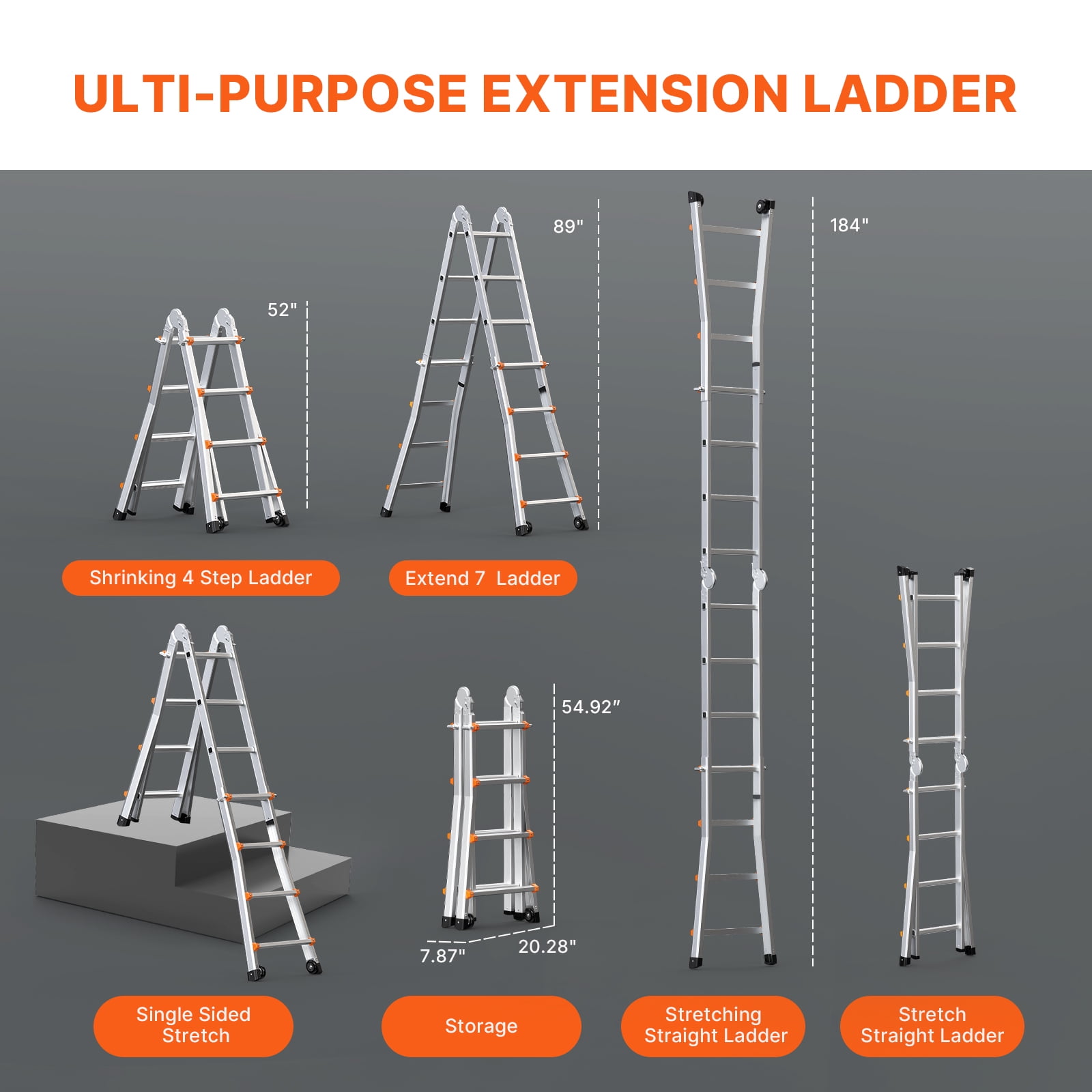 KFFKFF A-Frame Telescopic Extension Ladder, Multi-Purpose Aluminum Foldable Ladder for Home and RV (Silver, 15 ft) 2lz24