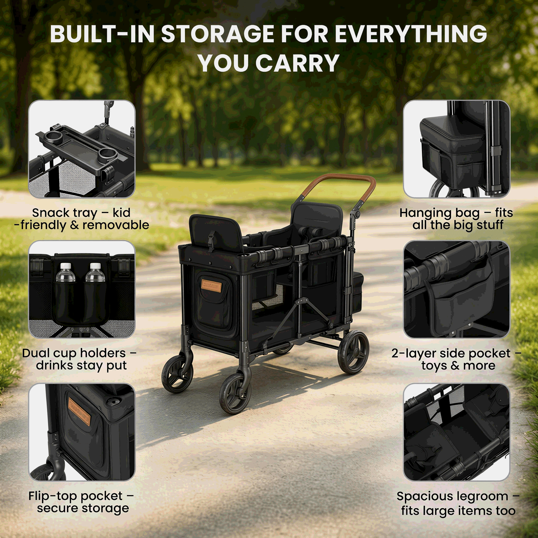 TouHeart 3-in-1 Foldable Wagon Stroller for 2 Kids with Canopy and 5-Point Harness (Black, 200 lb Capacity) te9ap