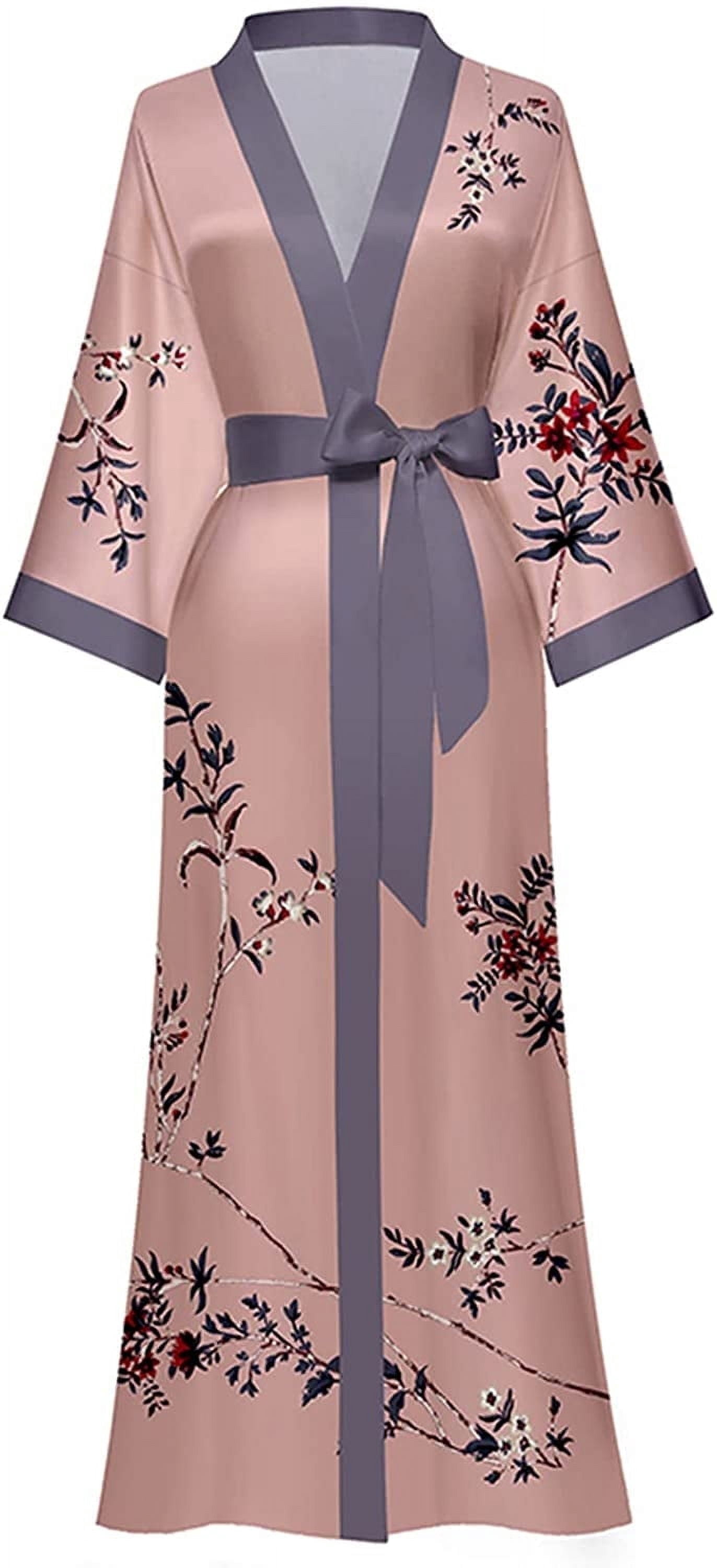 AMITOFO Women's Long Silky Satin Kimono Robe Floral Lightweight Loungewear (Pink, One Size) o0k6o