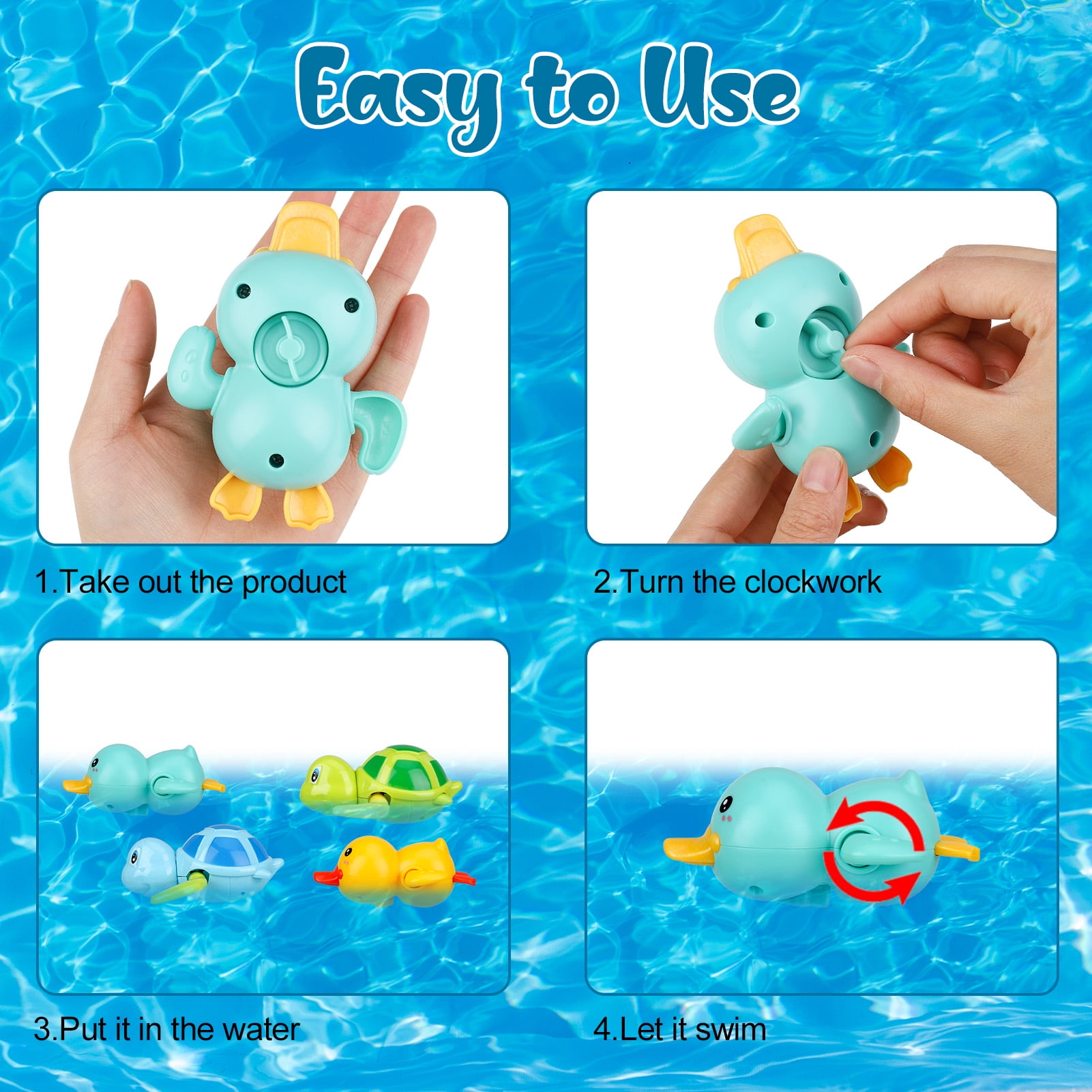 Bocaoying Animal Clockwork Bath Toy Set, Floating Wind-Up Swimming Pool Toys for Toddlers (Green Turtle, 4 Pack) x474w