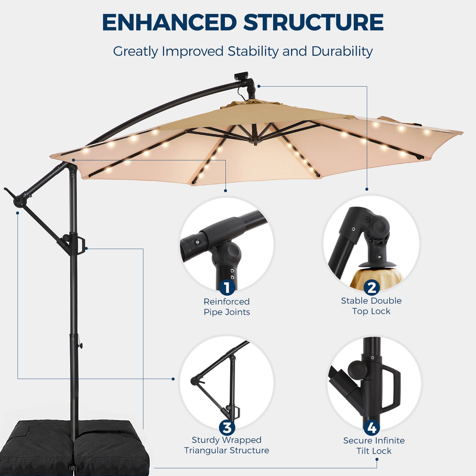 Patbrela 10ft Offset Patio Umbrella with Base, Cantilever Hanging Outdoor Shade with Solar LED Lights and Infinite Tilt (Beige, 10 ft) 99u9u