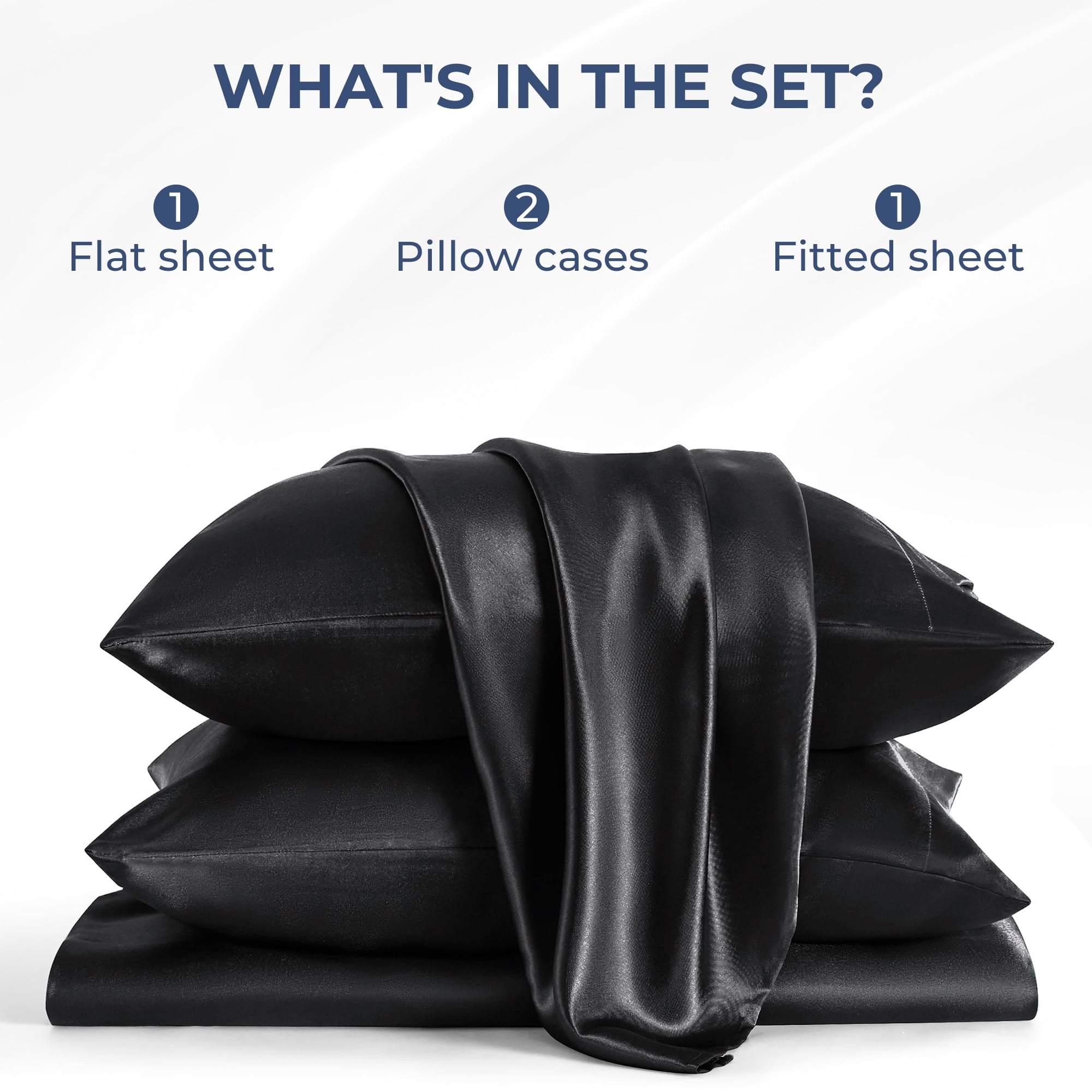 Seasonwood Satin Sheet Set, Silky Bedding Collection, Wrinkle-Resistant & Breathable (Black, Queen, 4-Piece) m18h3