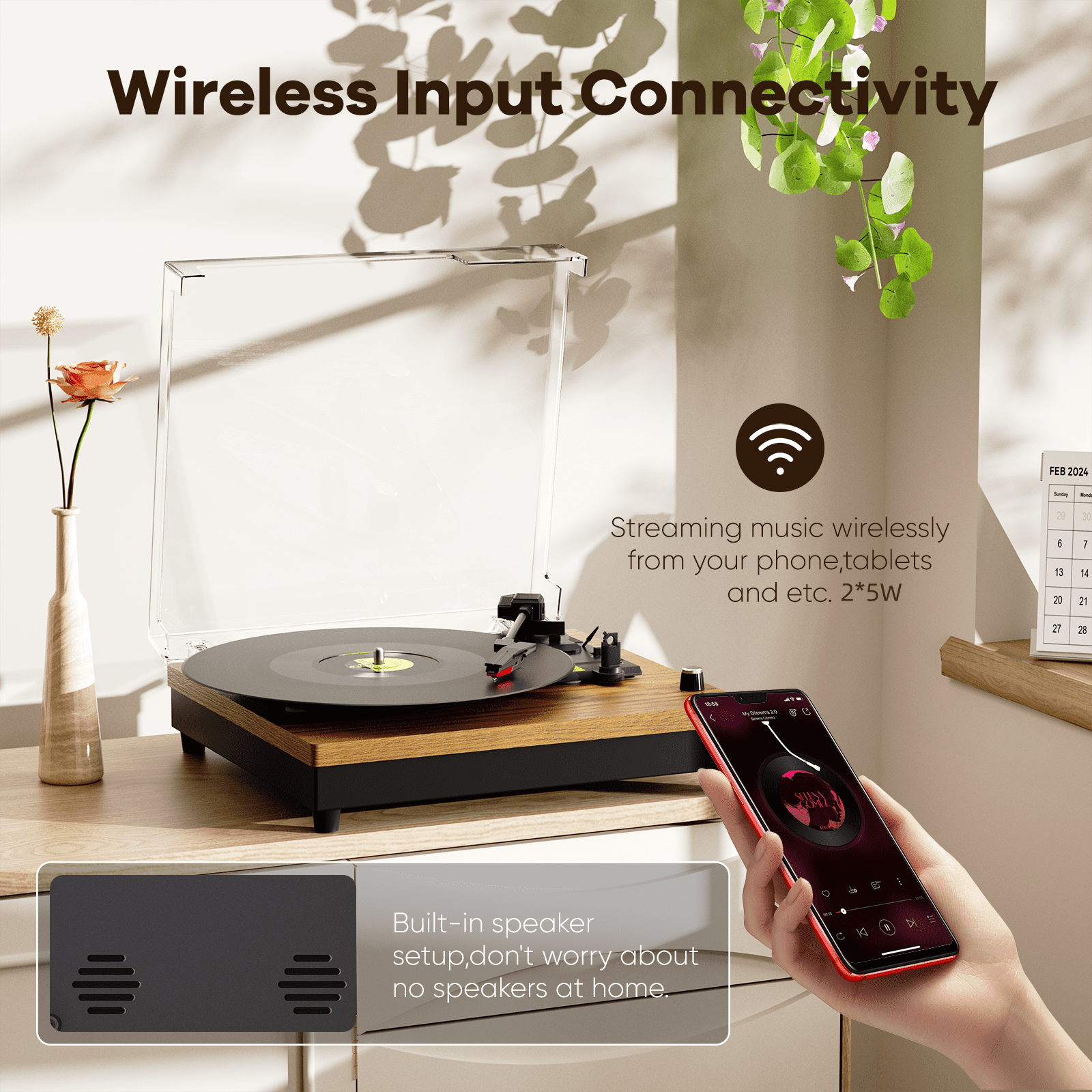 MAIO E200 Vintage Record Player, 3-Speed Belt-Driven Turntable with Built-in Stereo Speakers, Bluetooth Connectivity (Wood, 13.8 in x 10.2 in x 4.7 in) 5o7wg