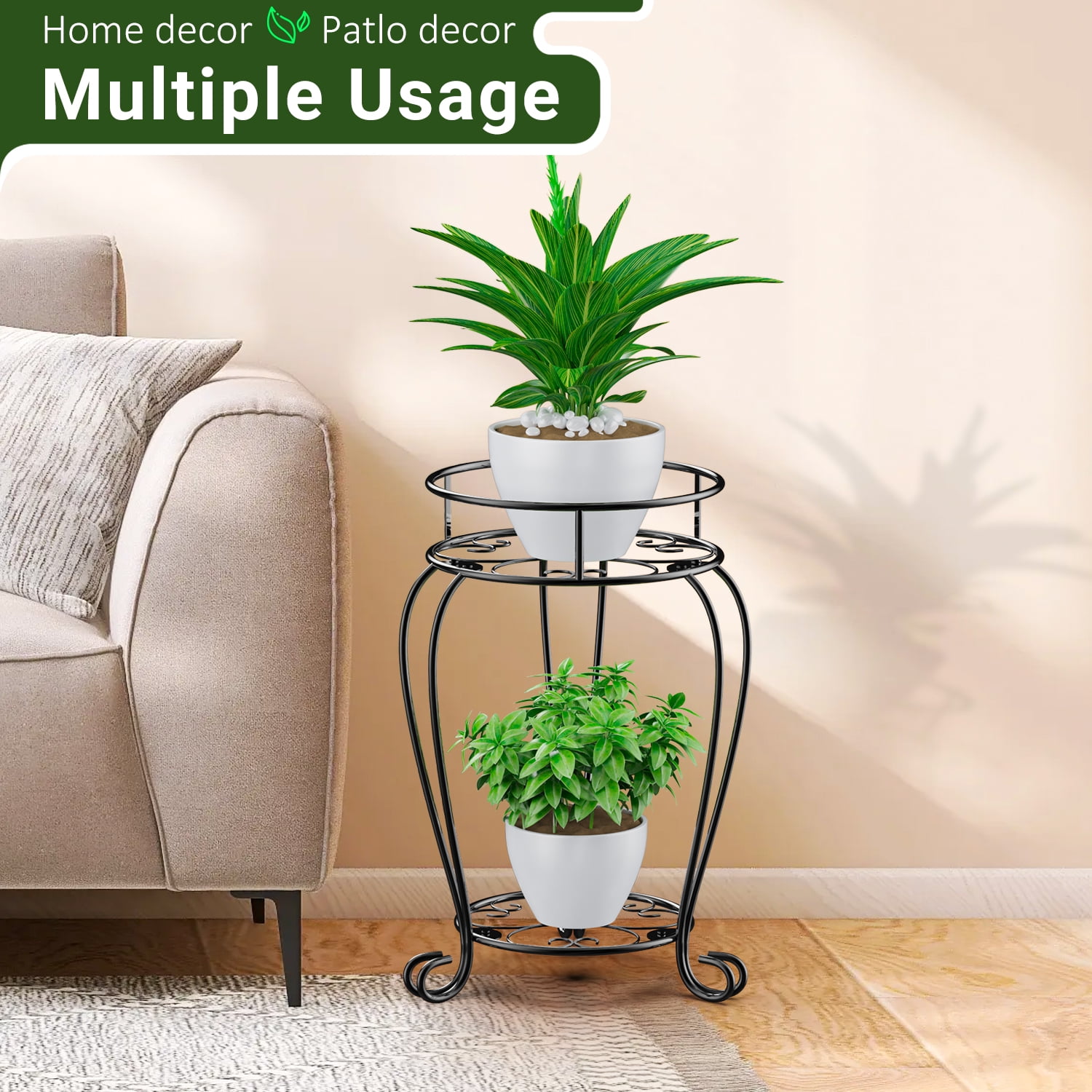 Foukus 2-Tier Metal Plant Stand, Rust-Resistant Indoor and Outdoor Flower Display Rack (Black, 19 in) 67kka