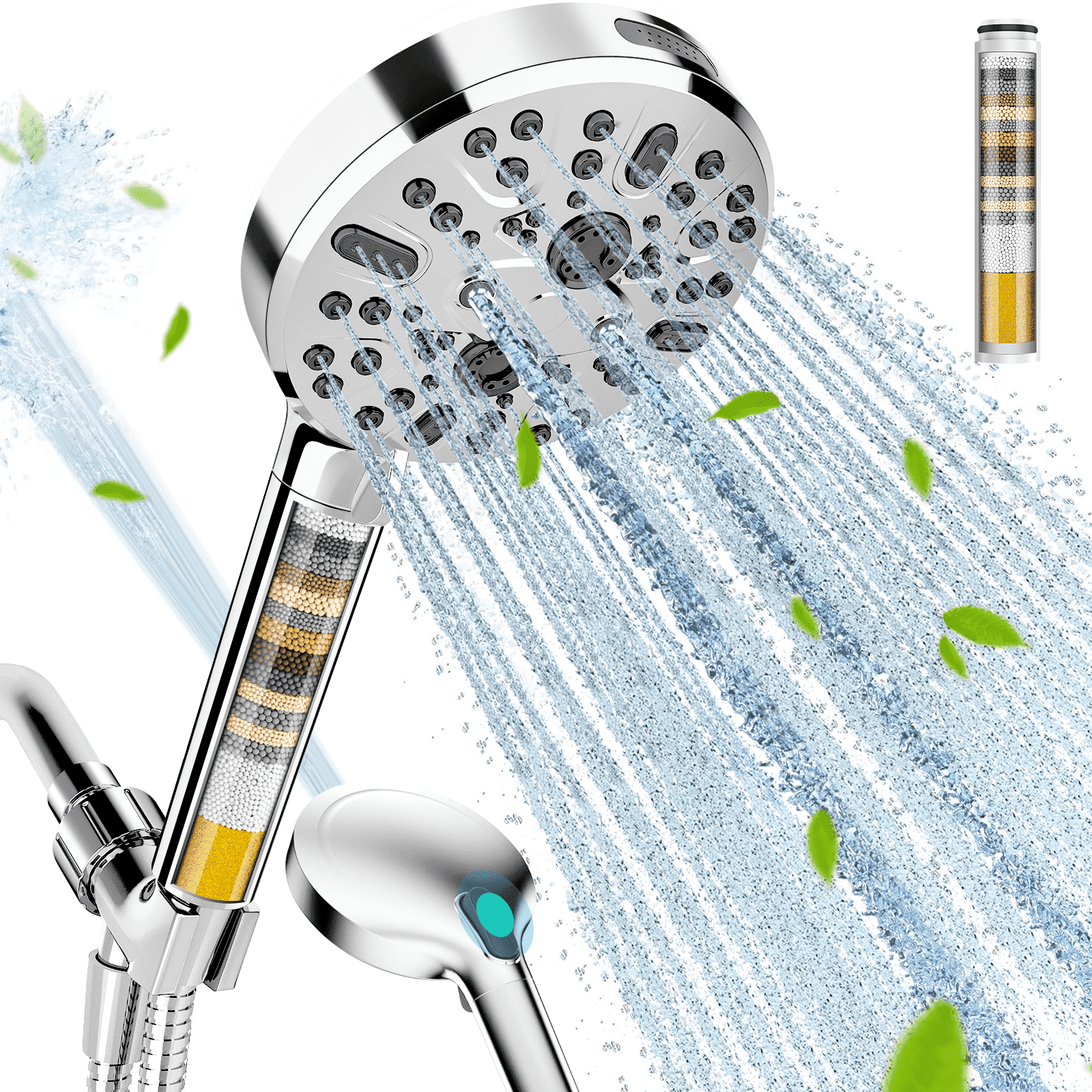 Heemli High Pressure Handheld Shower Head with 9-Spray Modes and Water Filter (Chrome, 1 Unit) r87km