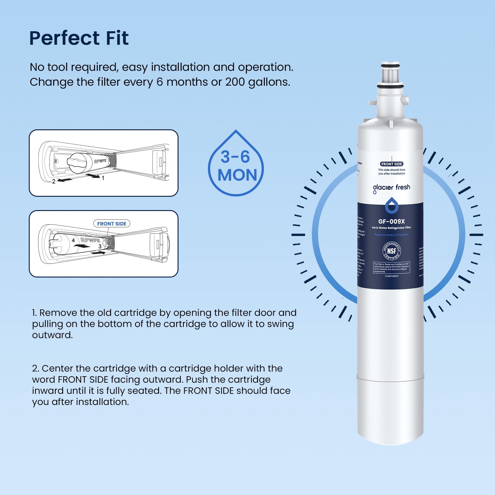 Glacier Fresh RPWFE Refrigerator Water Filter Replacement (Built-in Chip, 1 Pack) n1j5c