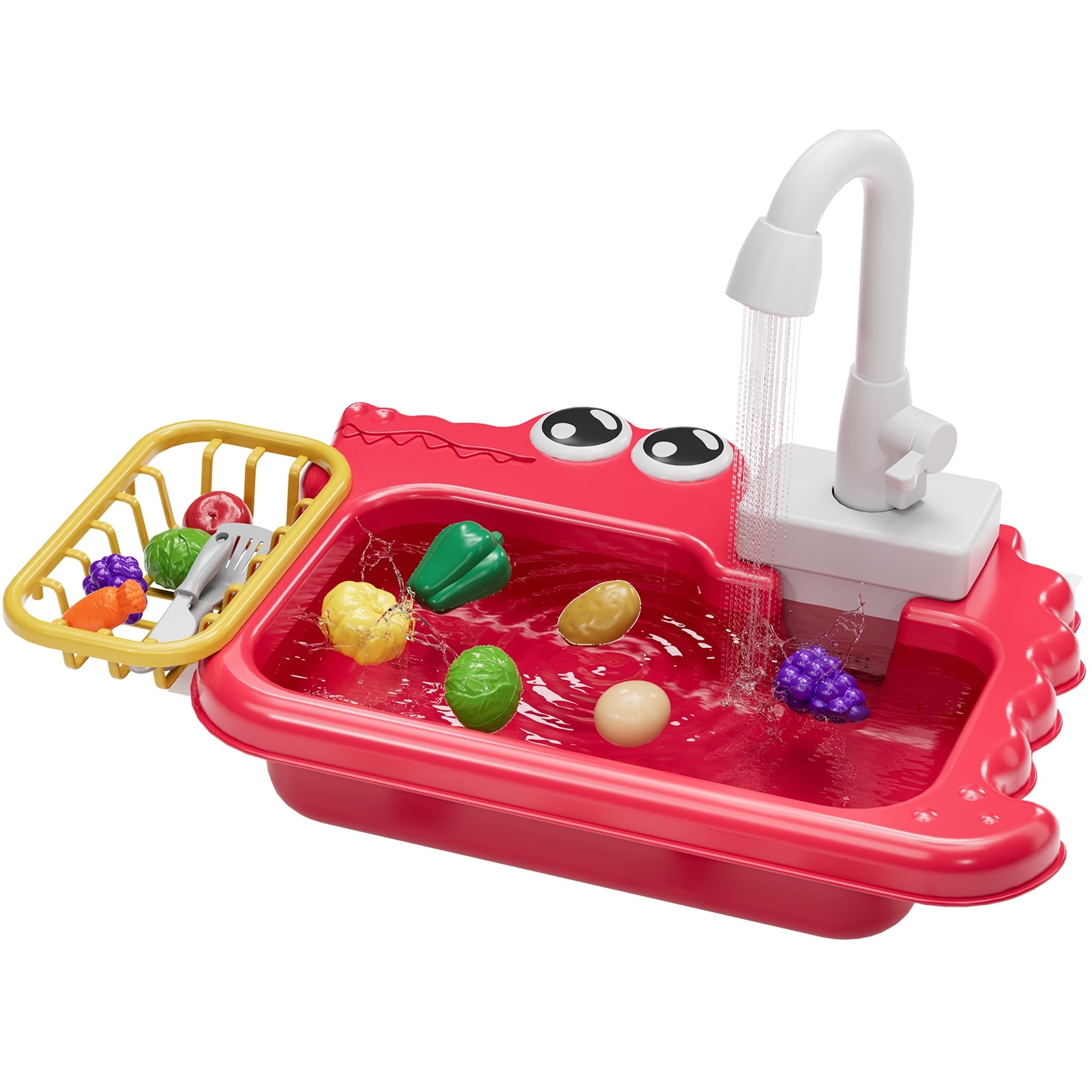 iHaHa Kitchen Play Sink Toy Set with Running Water and Pretend Food Accessories (Red, 18 Piece Set) 3gvht