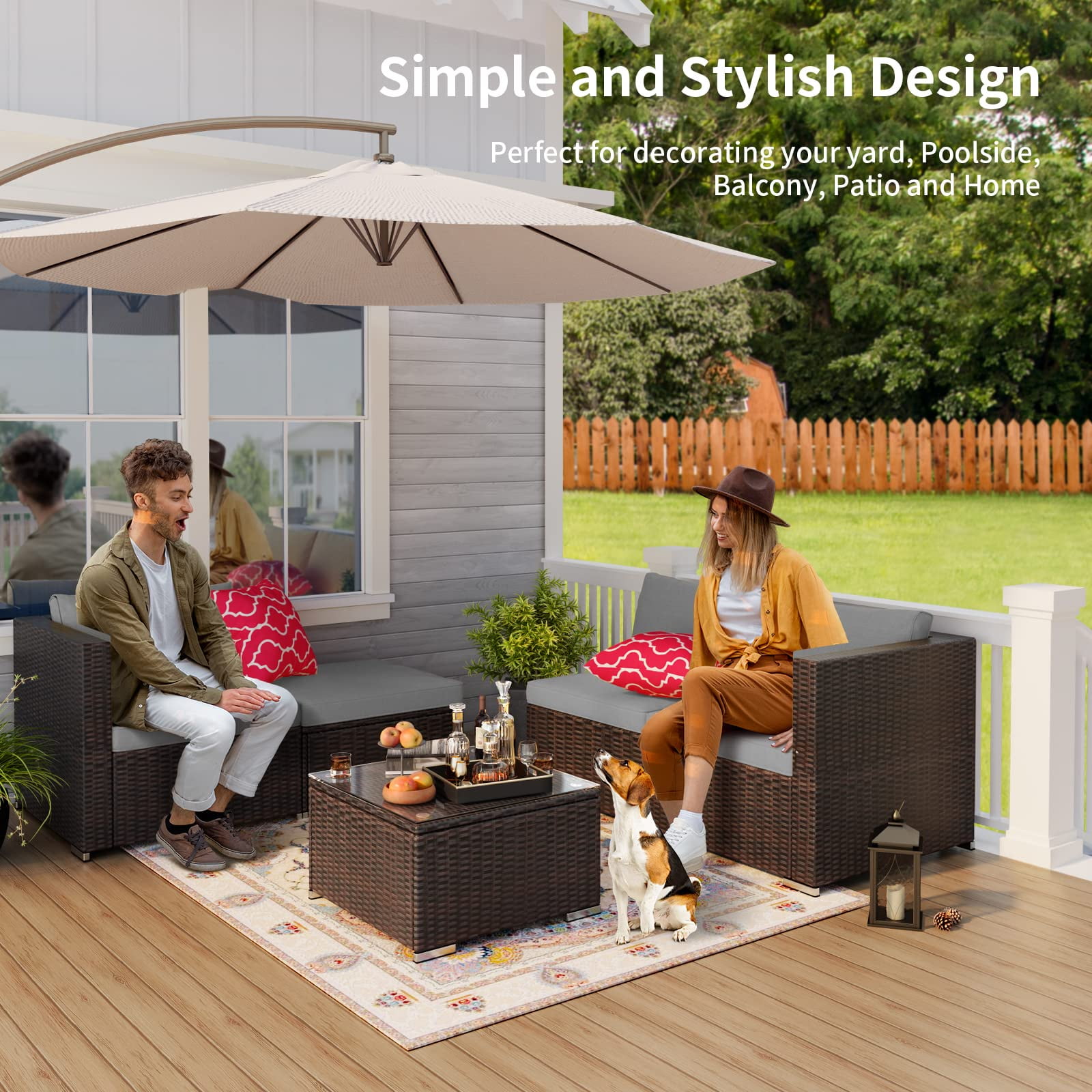Jolifa 5-Piece Outdoor Wicker Patio Furniture Set with Tempered Glass Table and Cushions (Gray, 5-Piece Set) ihrvp