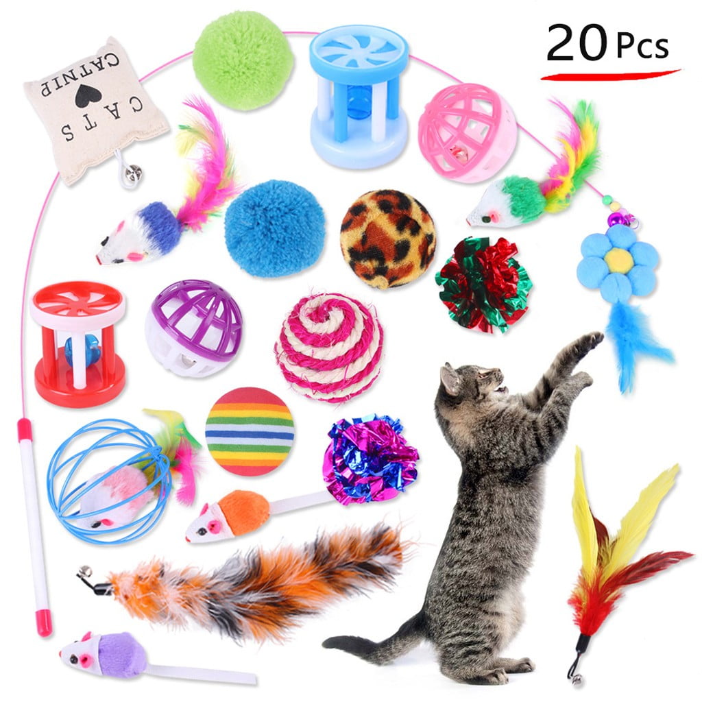 Darzheoy Interactive Cat Toy Assortment Set, Feather Teaser, Mice, and Bell Balls (20 Pieces) srwnq