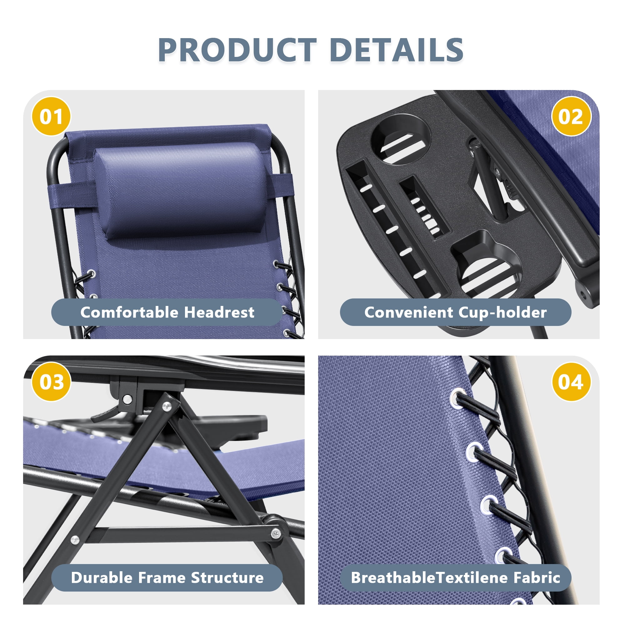 LACOO Zero Gravity Reclining Patio Chair Set with Adjustable Pillow (Blue, 2 Pack) darl1