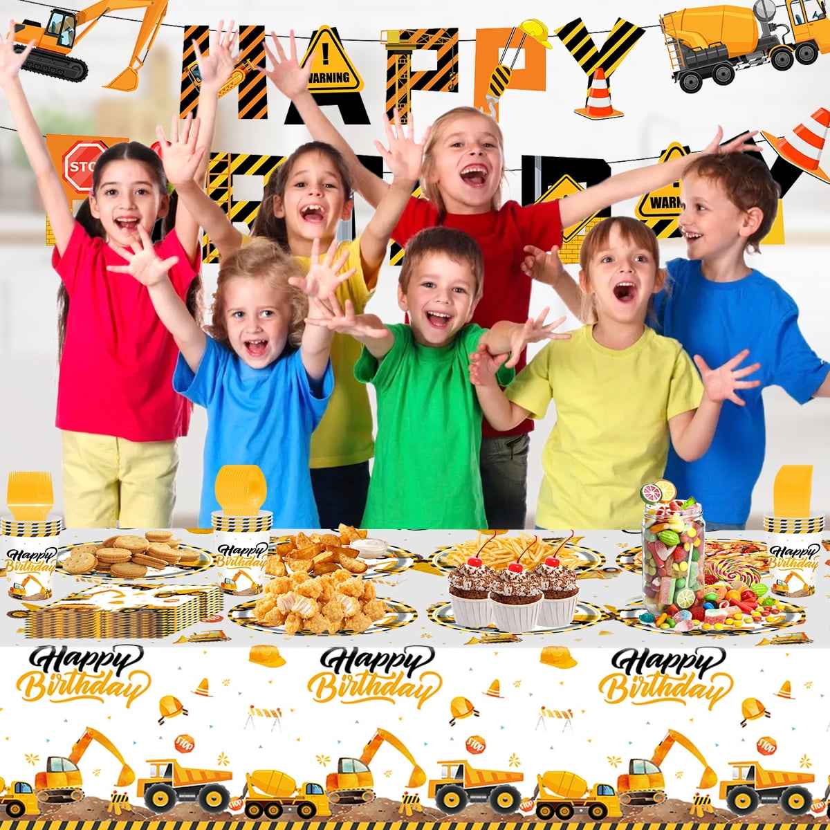 Kabuer Construction Birthday Party Supplies Set with Plates Napkins and Tablecloth (Serves 24) tdq6f