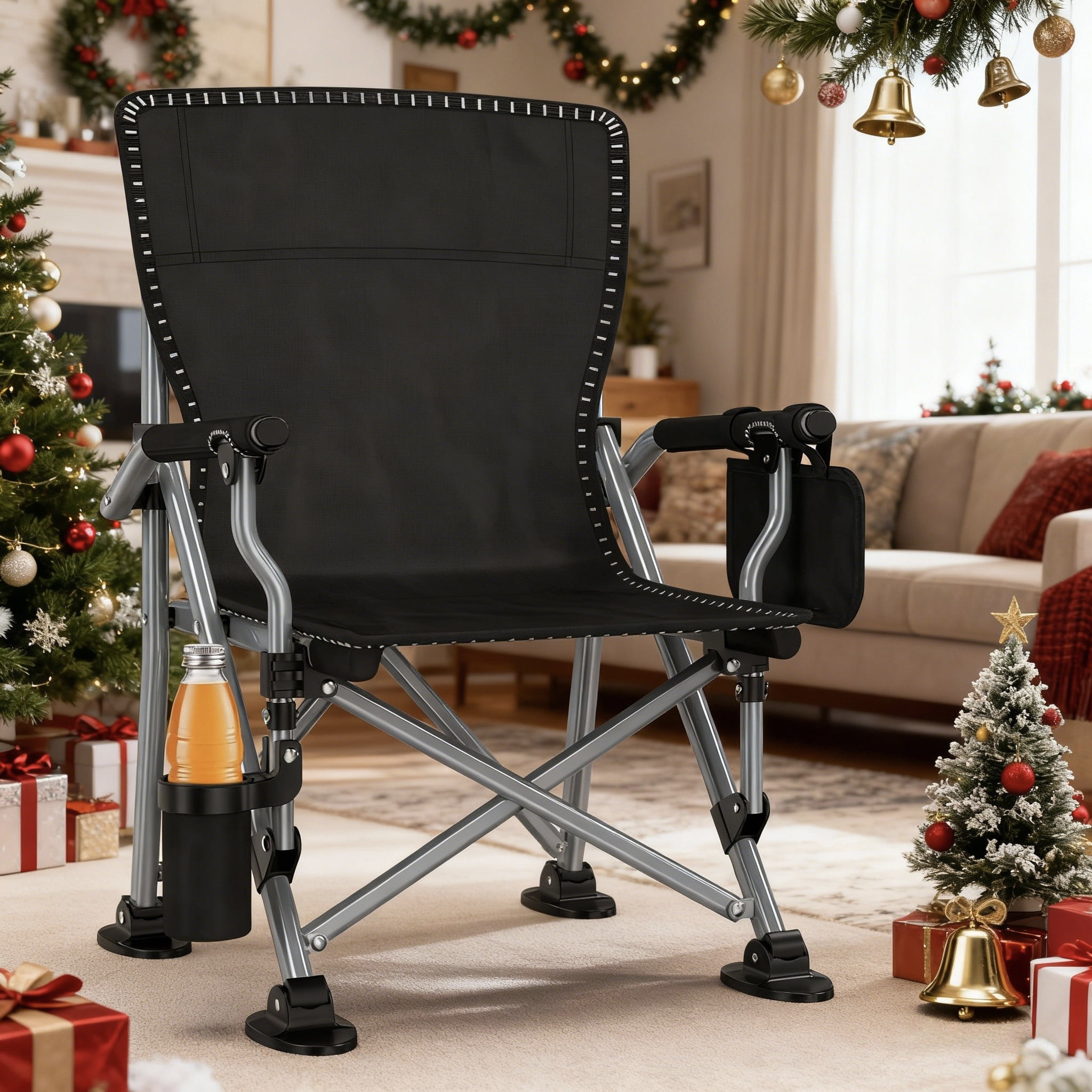 LNOW Folding Camping Chair with Cup Holder and Side Pocket, Heavy-Duty Portable Outdoor Seat for Beach, Sports, and Fishing (Black, 350 lb Capacity) hrus6