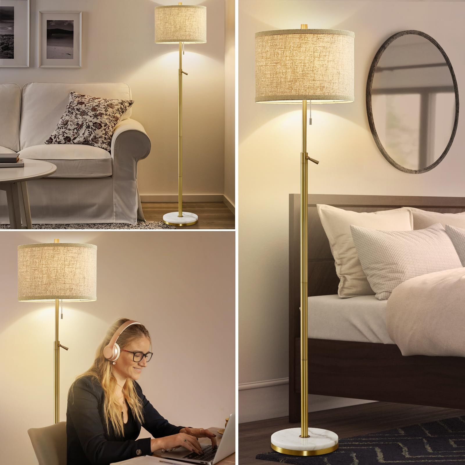 NATYSWAN Modern Floor Lamp with Marble Base, Adjustable Height Standing Lamp for Living Room and Bedroom (Gold, 55-64 in) 9fhm7