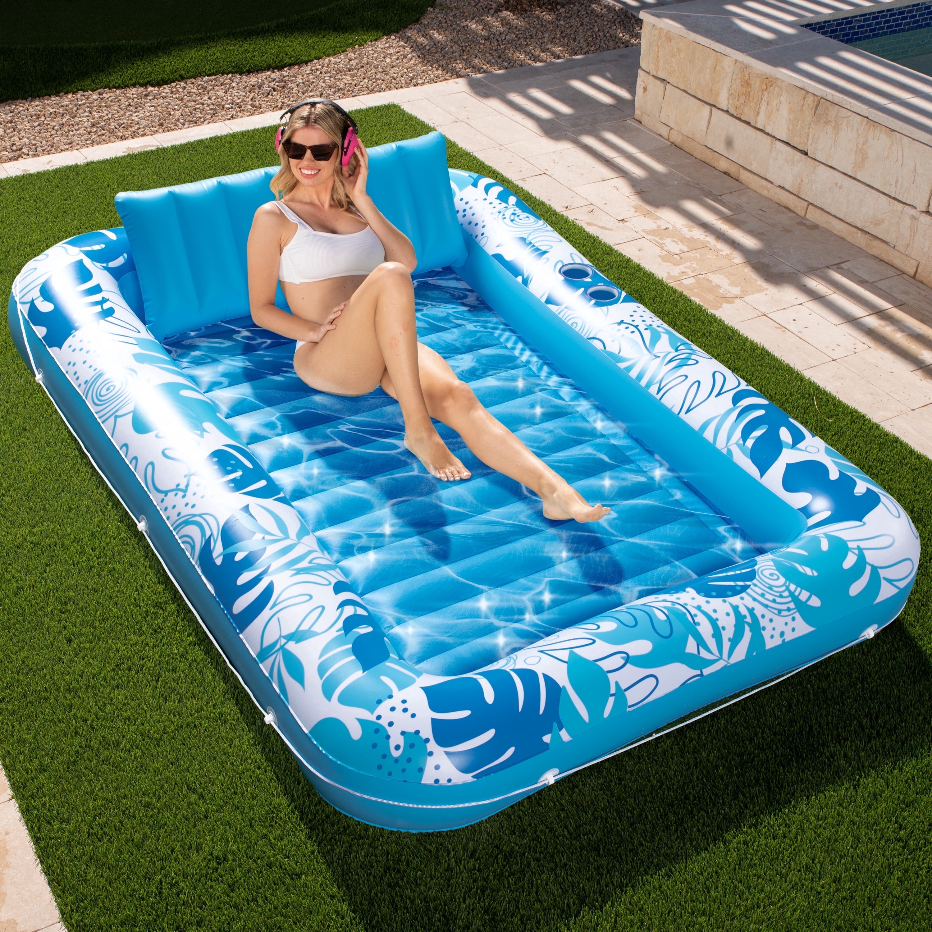 SLOOSH Inflatable Tanning Pool Lounger Float, Extra Large Suntan Bed for Adults (Blue, 85 in x 57 in) g1yek