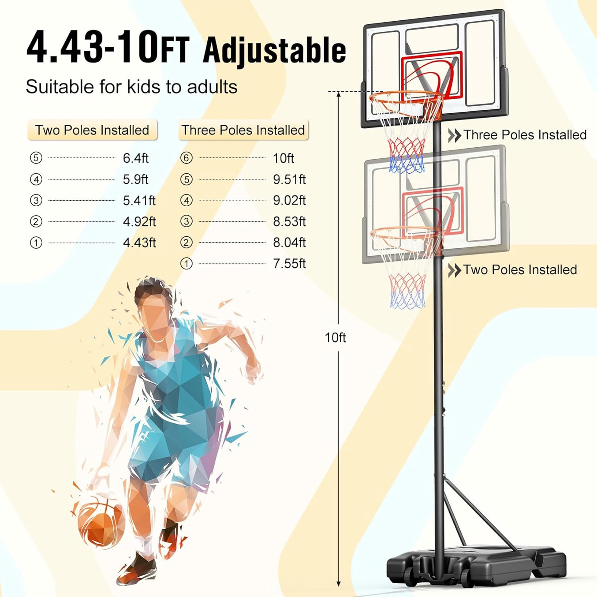 Toremore 44 in Portable Basketball Hoop System, Adjustable Height 4.43-10 ft with Shatterproof Backboard (Red) eqmj3