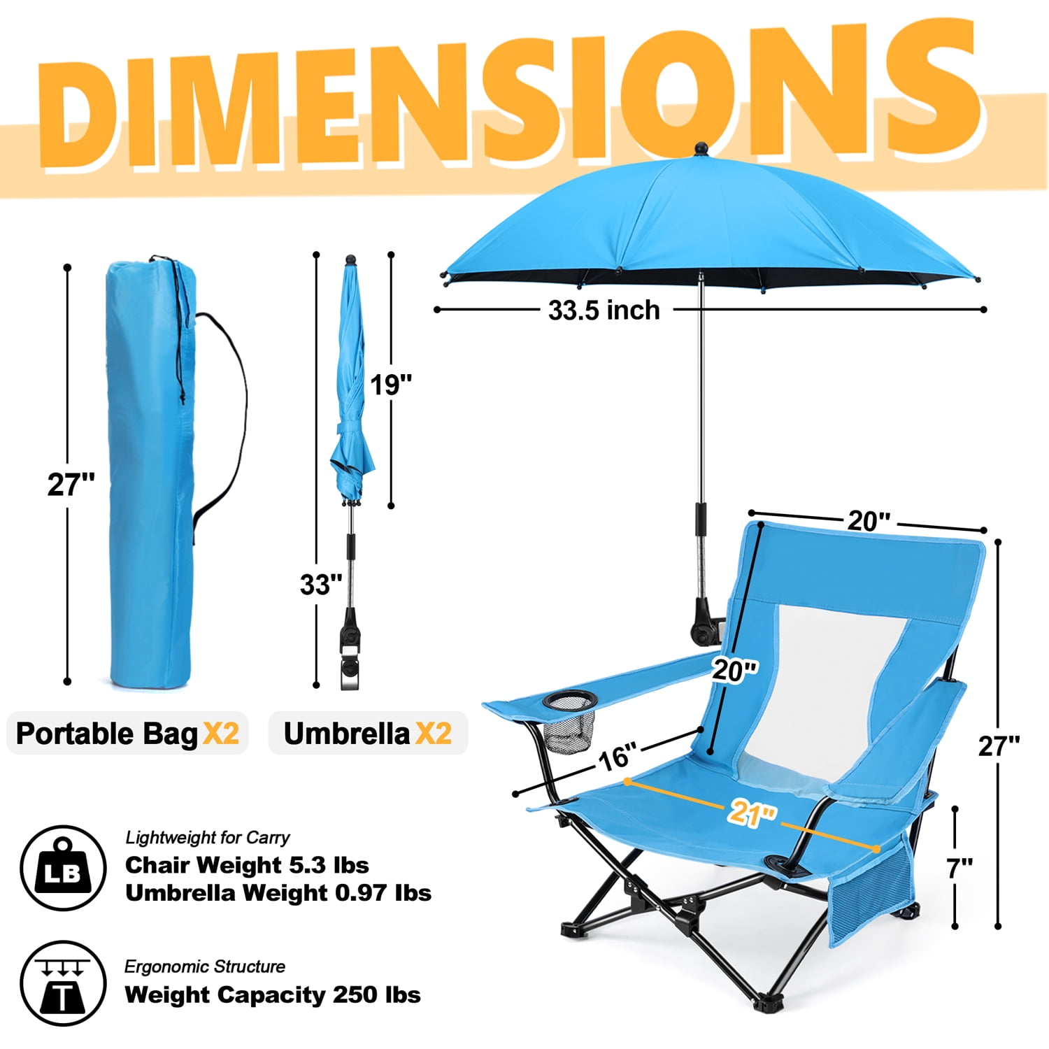 Walchoice Folding Beach Chair with Adjustable Umbrella (2 Pack, Blue, 30.7 in Wide Seat) nd0as
