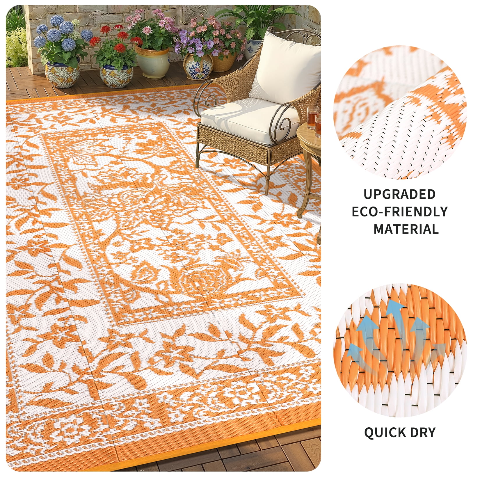 NANAN Outdoor Rug, Waterproof Plastic Straw Patio Mat, Botanical Floral Pattern for Deck Beach RV (Orange White, 8 ft x 10 ft) 542lf
