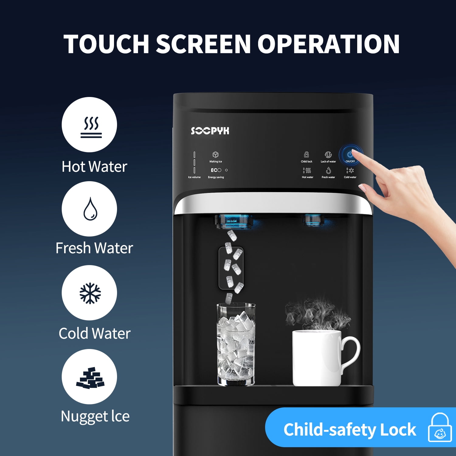 SOOPYK Bottom Loading Water Dispenser with Nugget Ice Maker, 3-Temperature Settings, Self-Cleaning, Child Safety Lock (Black, 5 Gallon) xvx61