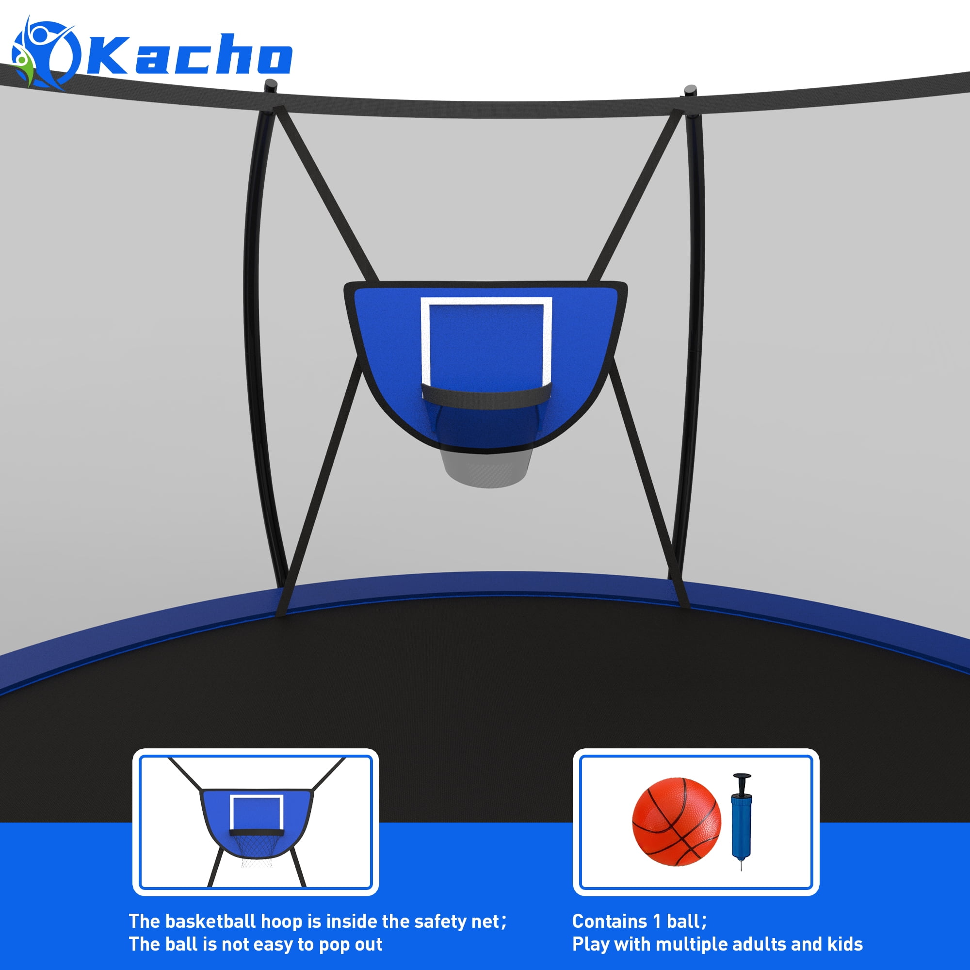Kacho Outdoor Round Trampoline with Enclosure Net and Basketball Hoop (Blue, 14 ft) 12y5d