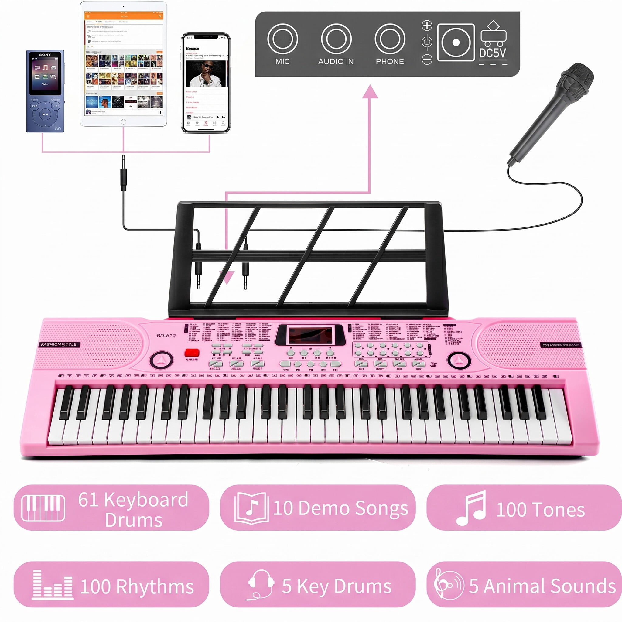 Mixfeer 61-Key Portable Electronic Keyboard Piano for Beginners with Microphone and Sheet Stand (Pink) y6d1a