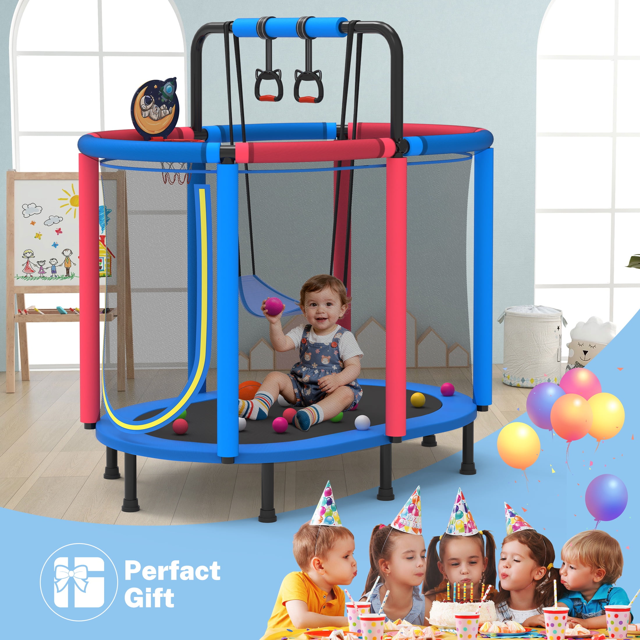Segmart Kids Trampoline with Safety Enclosure, Basketball Hoop, Swing, and Gymnastic Rings (Blue, 60 in) zgj3e