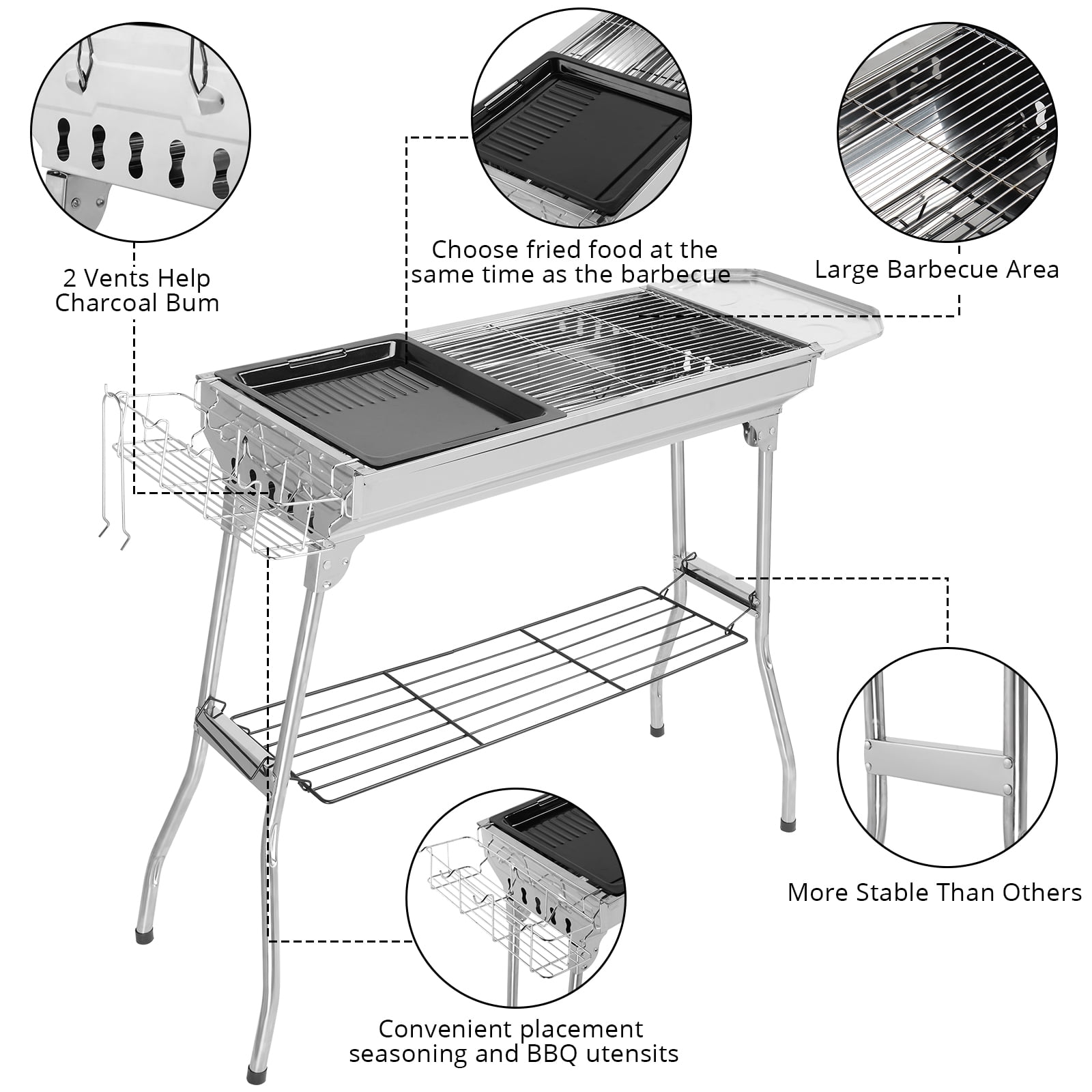 UBesGoo Portable Charcoal BBQ Grill, Heavy-Duty Stainless Steel Foldable Camping Grill (Silver, 39 in) t4a4c