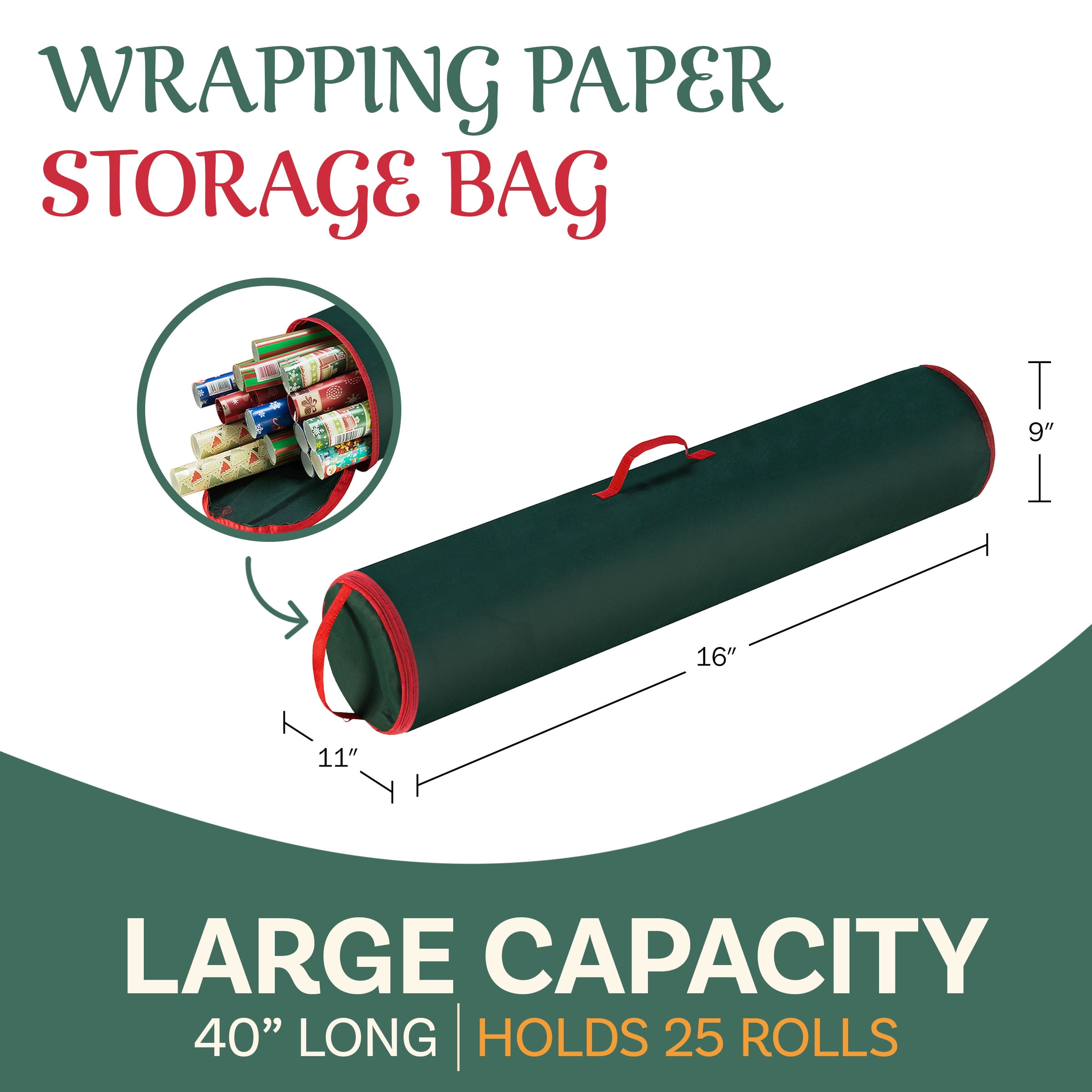 DTX Intl Wrapping Paper Storage Bag for 25 Rolls (Green, 40 in) 02rnn