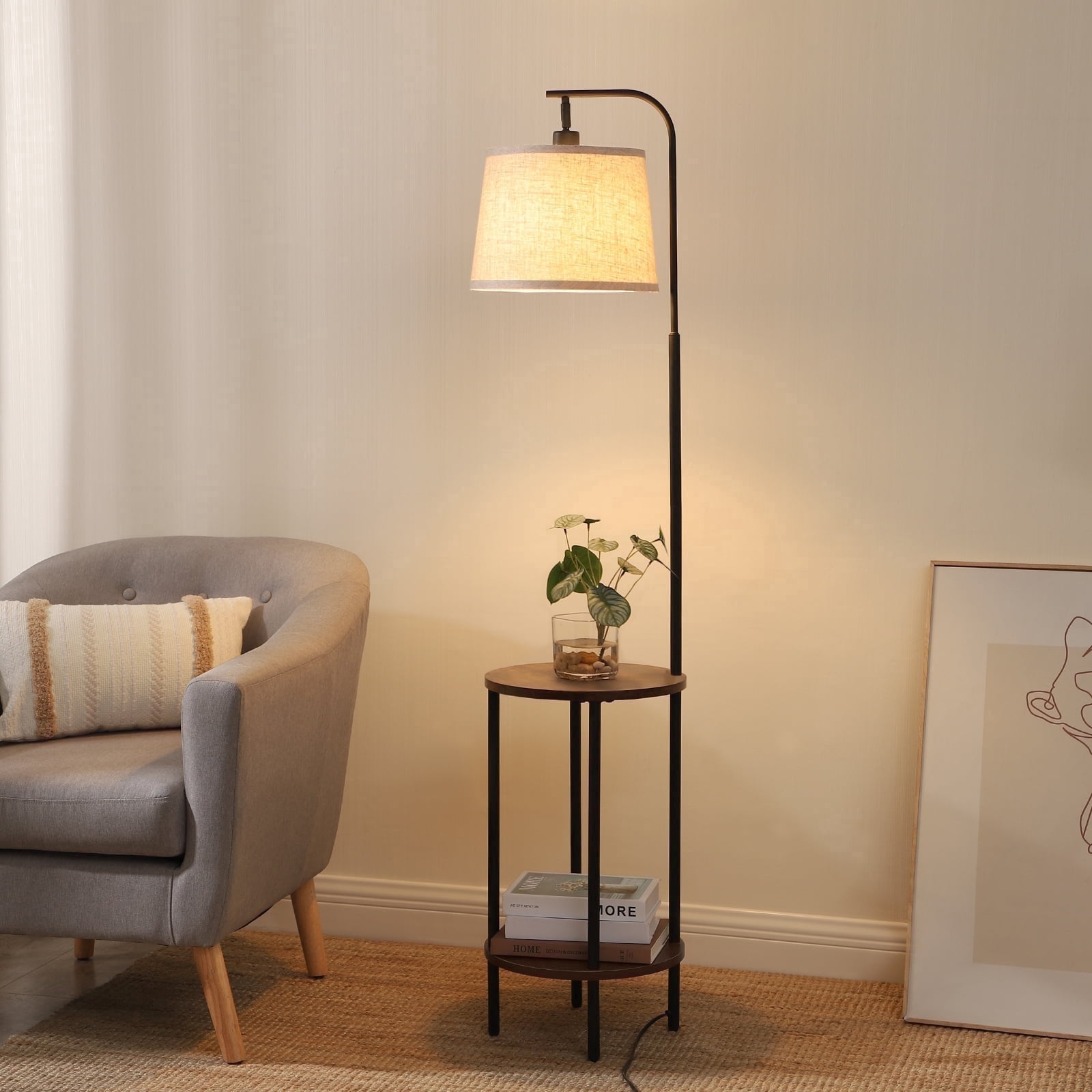 DEWENWILS Rustic Farmhouse Floor Lamp with Attached End Table, Adjustable Reading Light for Living Room and Bedroom (Brown, 62 in) lvb6r
