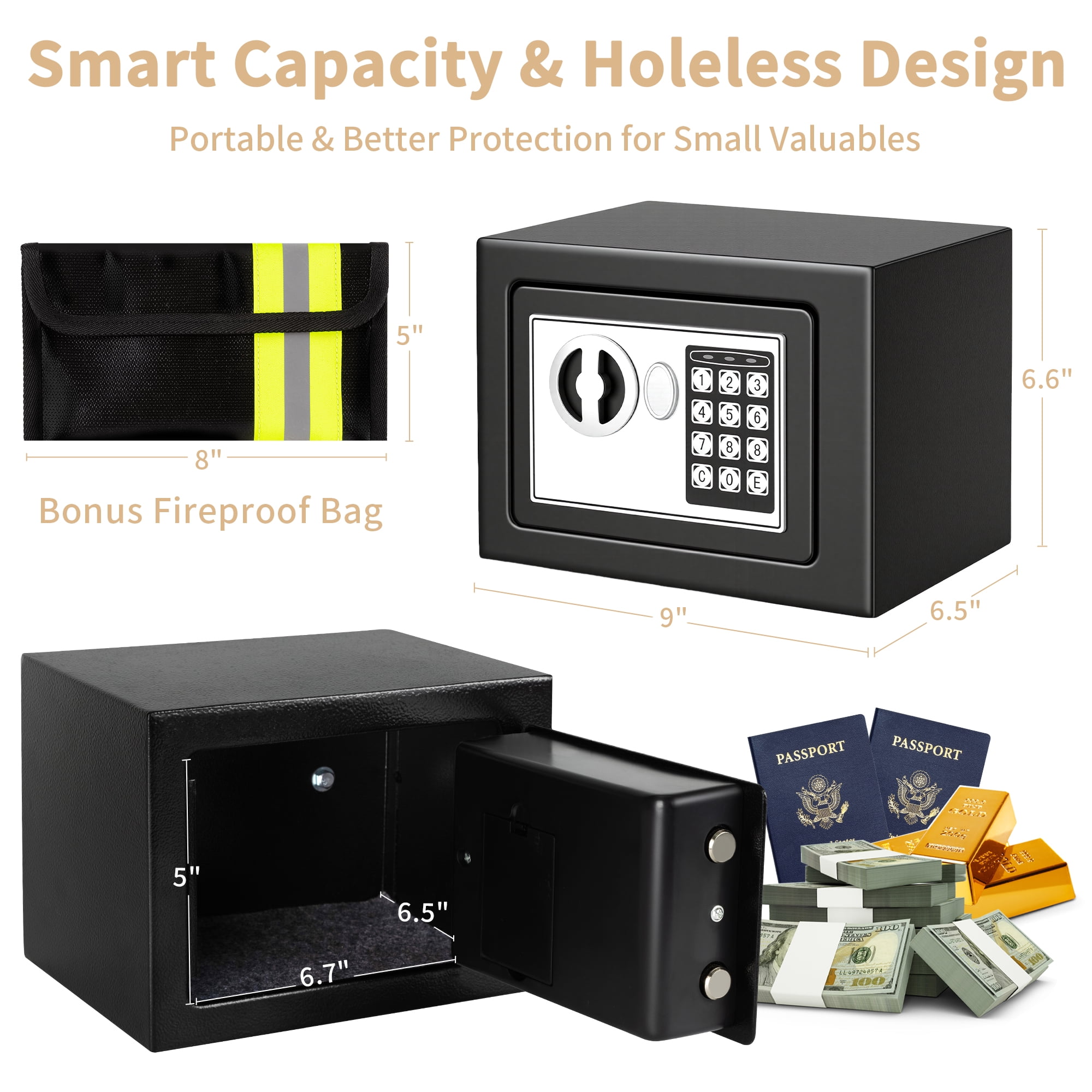 LOCKSWORTH Electronic Digital Safe Box for Home, Heavy-Duty Steel Security Lock Box with Fireproof Money Bag (Black, 0.25 Cubic Feet) 1aw2a