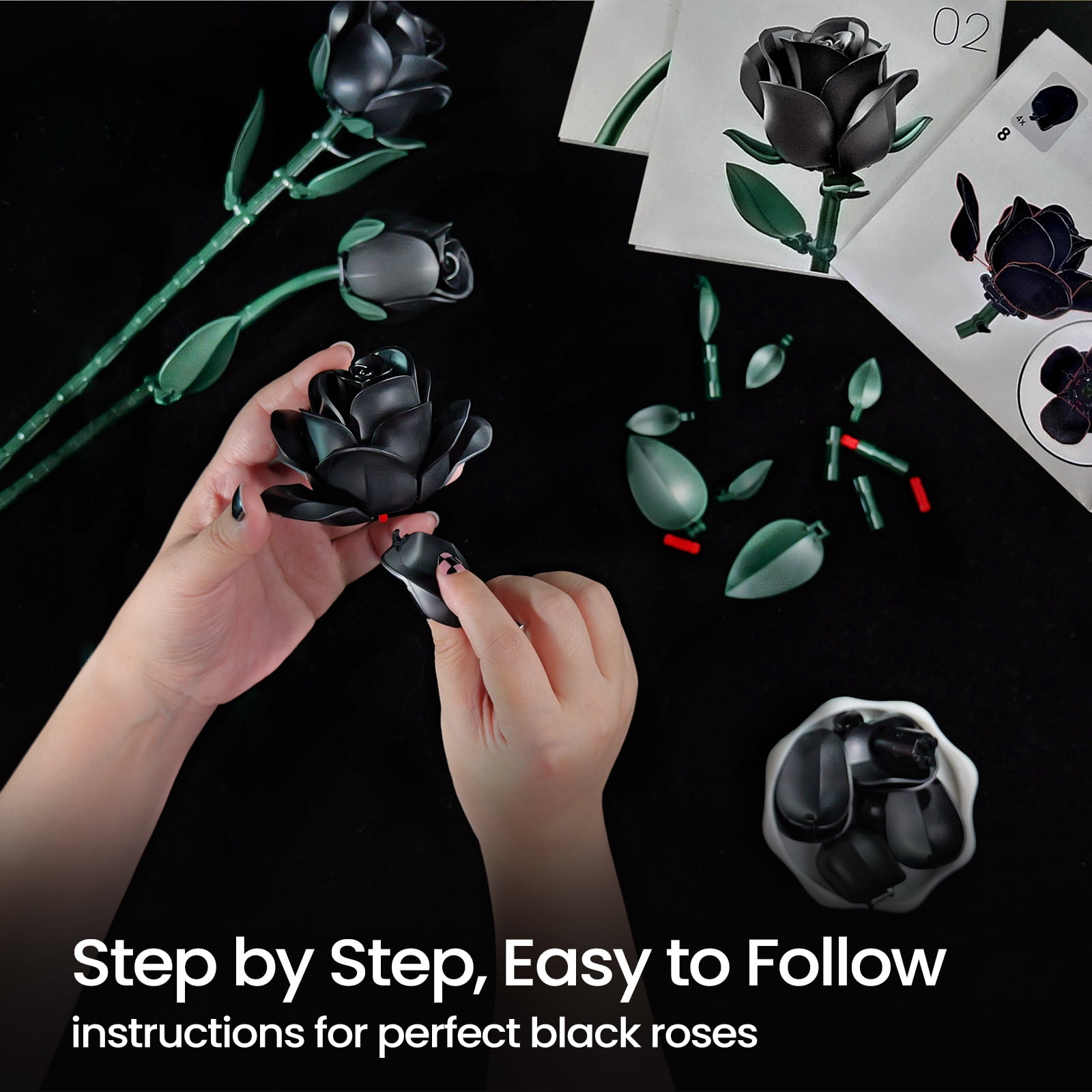 BuildingBoat Rose Flower Bouquet Building Set, Botanical Collection Artificial Flowers for Home Decor (Black, 152pcs) plv47