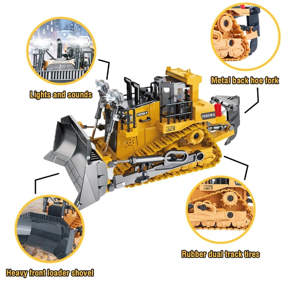 TZDZRC 9-Channel Metal RC Bulldozer Construction Tractor Toy with Lights and Sound (Yellow, 9.8 x 5.31 x 4.52 in) 8f81c
