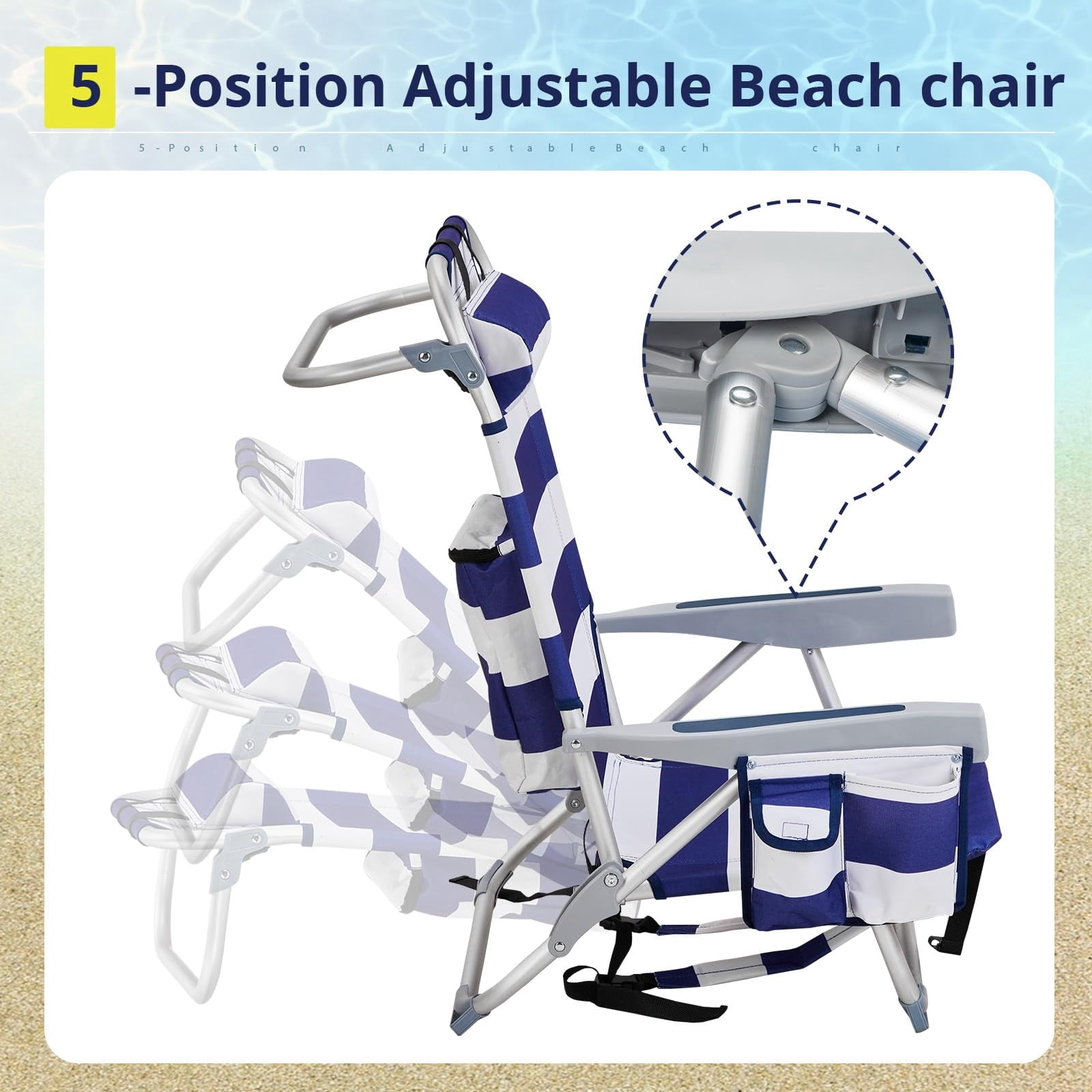 ECommerce,LLC Backpack Beach Chair, 5-Position Reclining Folding Chair with Cooler and Storage Pouch (Blue and White, 7.3 lb) 3fiwj