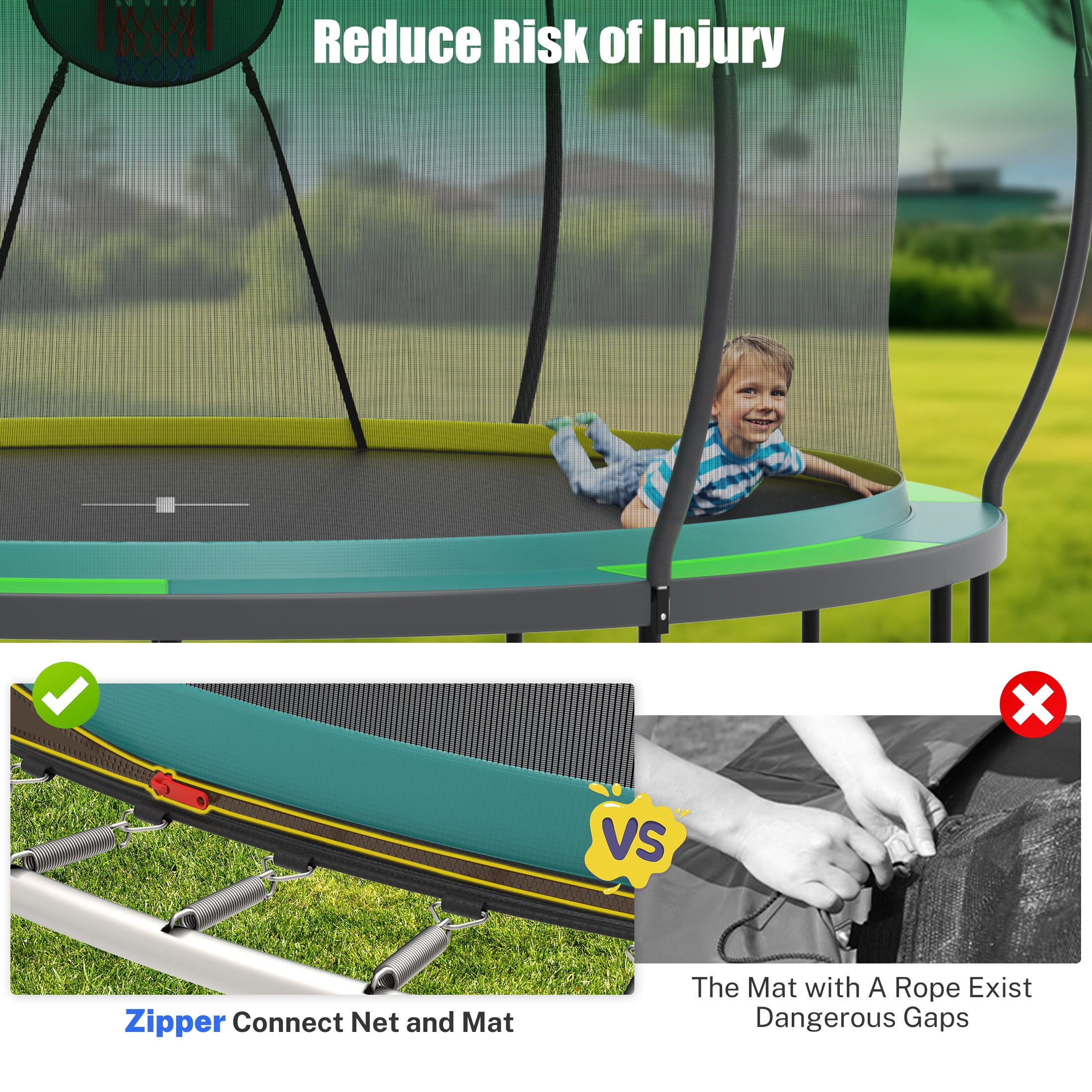 Segmart 14 Ft Outdoor Recreational Trampoline with Enclosure Net and Safety Zipper System (Green, 880 lb) 32bmh