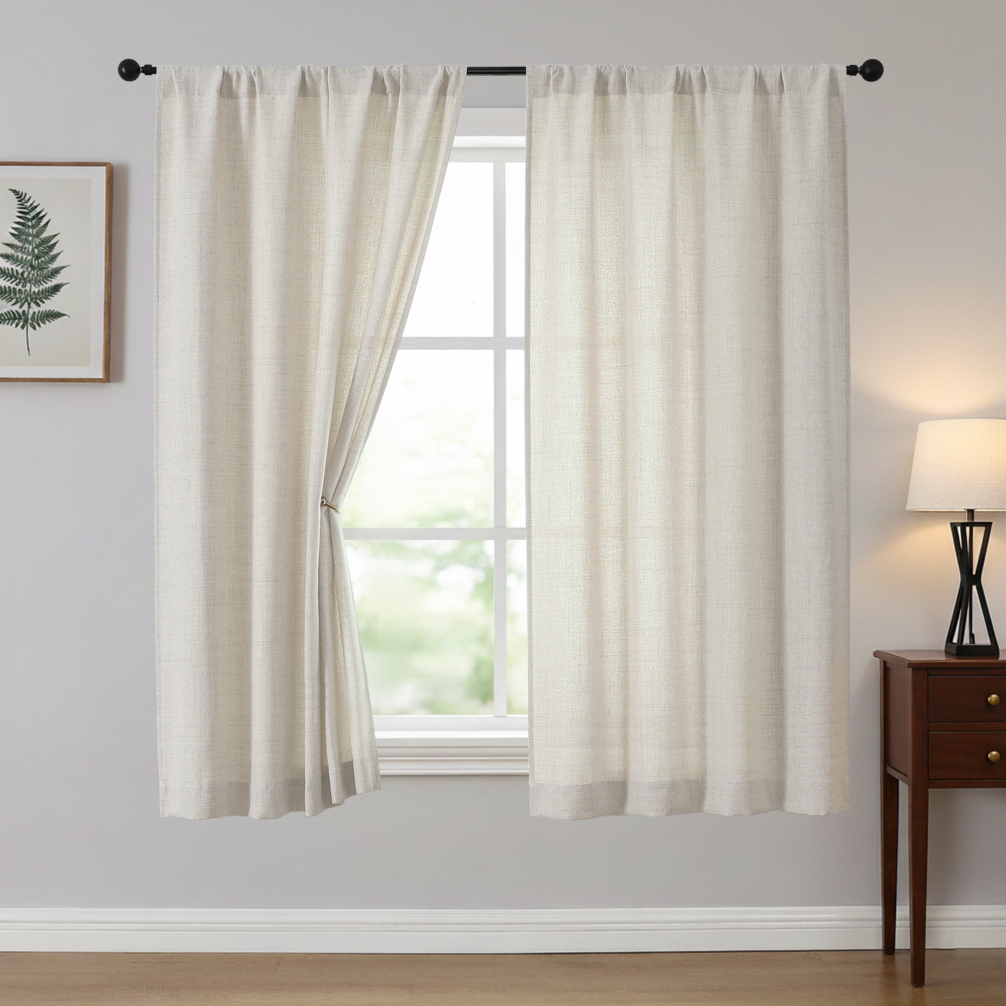 OVZME Light Filtering Faux Linen Window Curtains, Soft Airy Farmhouse Drapes for Living Room and Bedroom (White, 42 in x 63 in, 2 Panels) 8k7xt