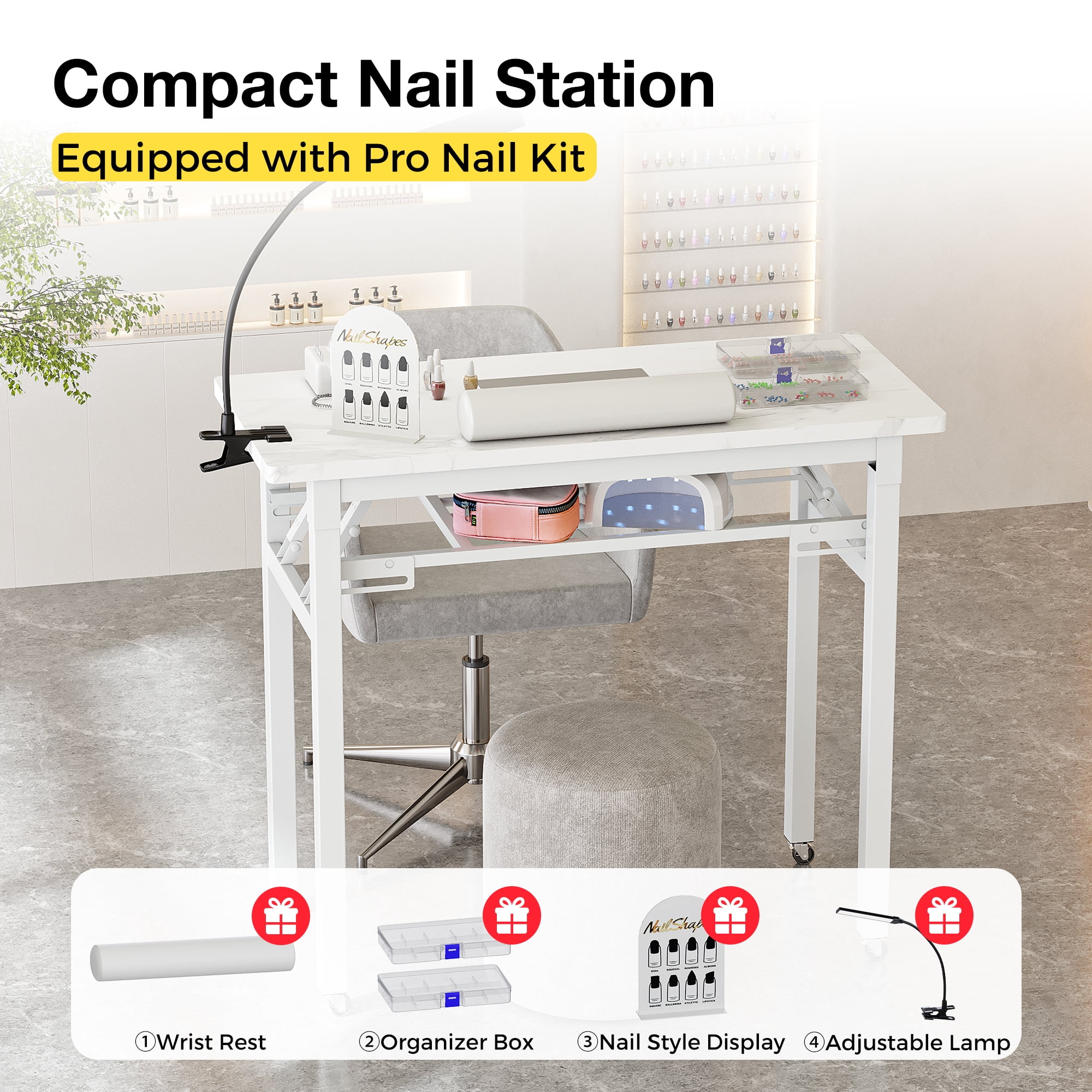 Advwin Portable Manicure Nail Table with Dust Collector and LED Lamp (White Marble, 37 in x 17 in) nxh01