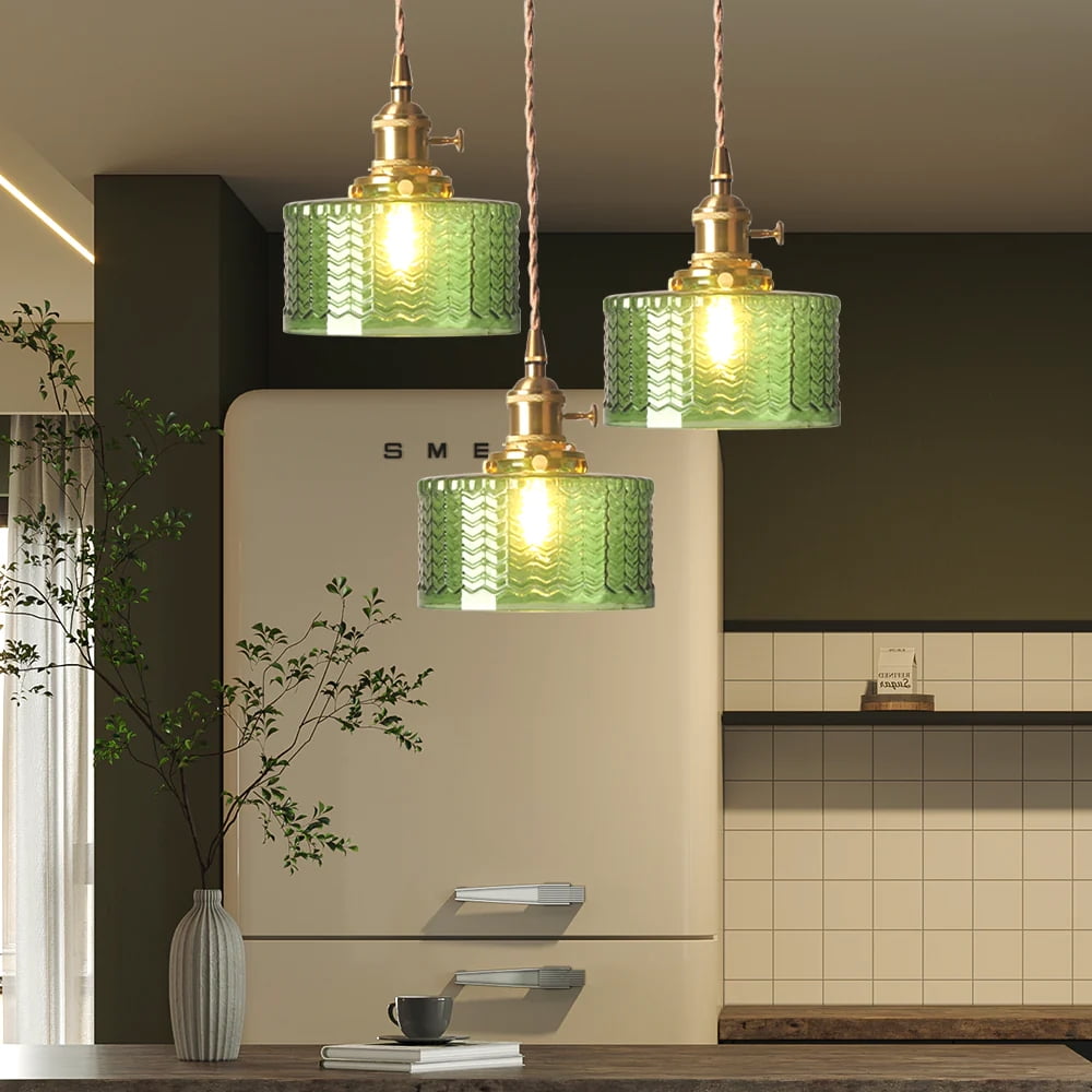 Arturesthome Vintage Glass Pendant Light, Wavy Cylinder Hanging Lamp for Kitchen Island (Green, 8 in) 4xqx1