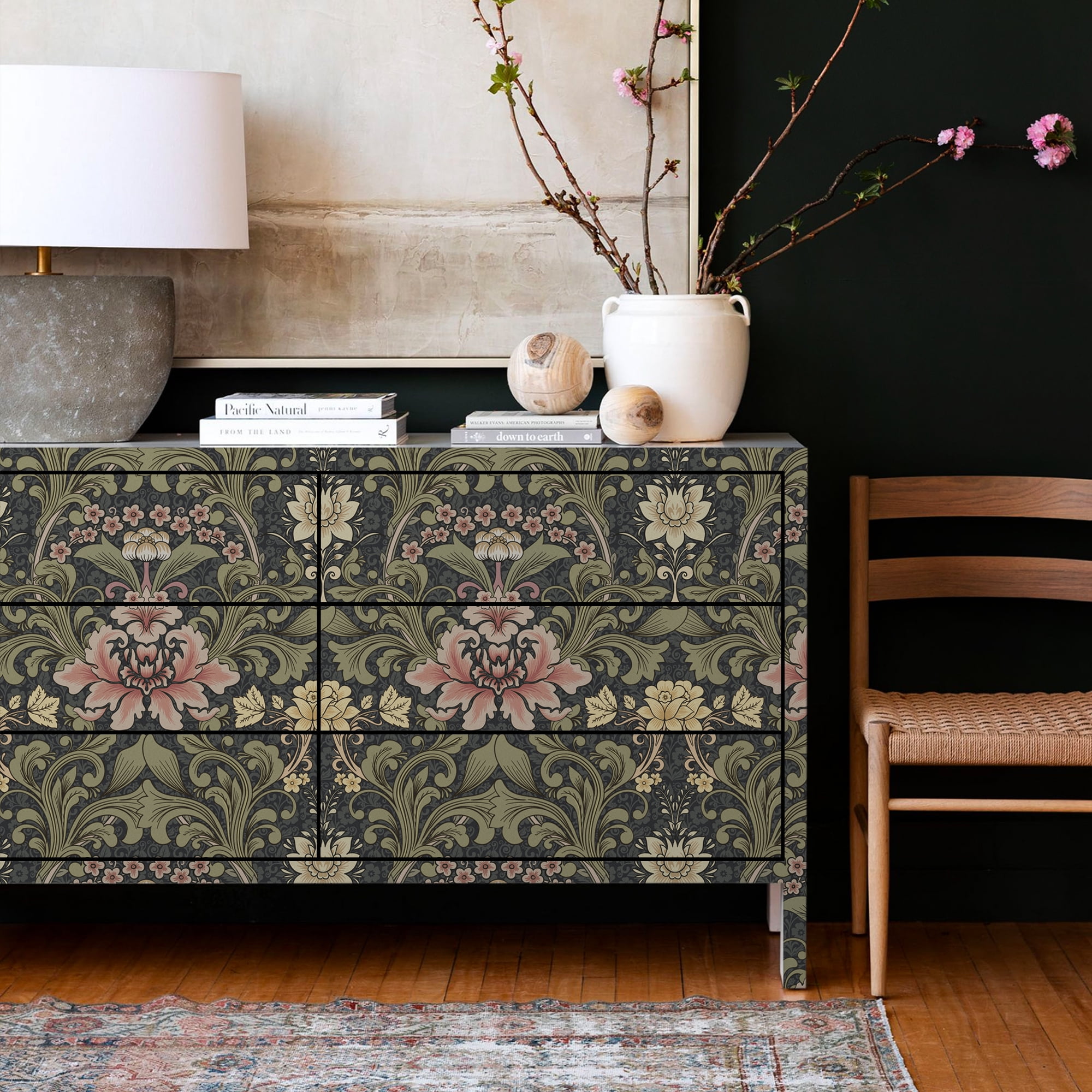 UMIGGEE Floral Boho Retro Peel and Stick Wallpaper, Self-Adhesive Removable Wall Covering for Home Decor and Furniture (Green, 17.7 in x 118 in) 026t9