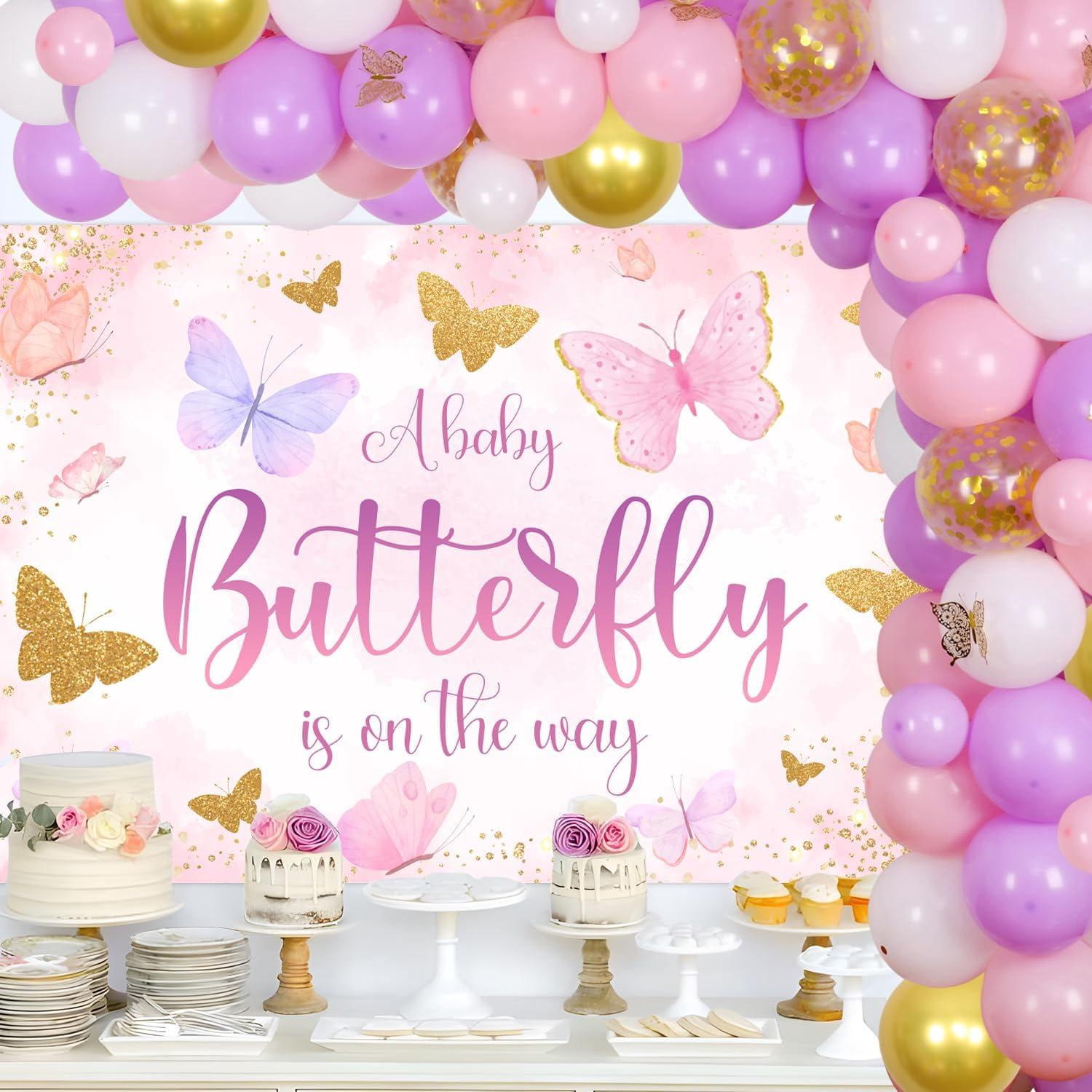 Sursurprise Butterfly Baby Shower Decoration Set with Balloon Garland Arch and Backdrop (Purple and Gold, 1 Set) izlom