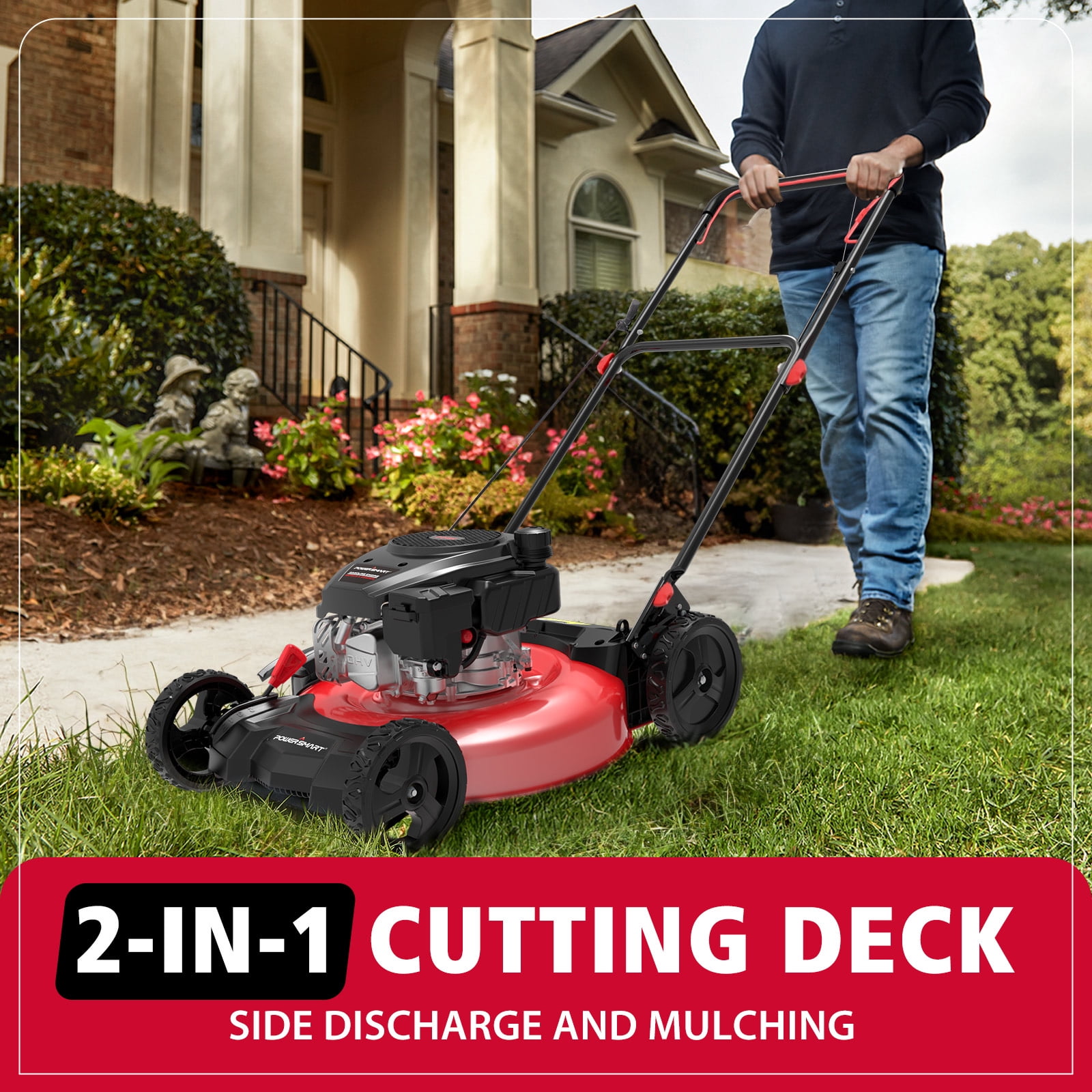 PowerSmart 21-Inch 144cc Gas Push Lawn Mower, 2-in-1 Mulching & Side Discharge (Red, 21 in) wg05a
