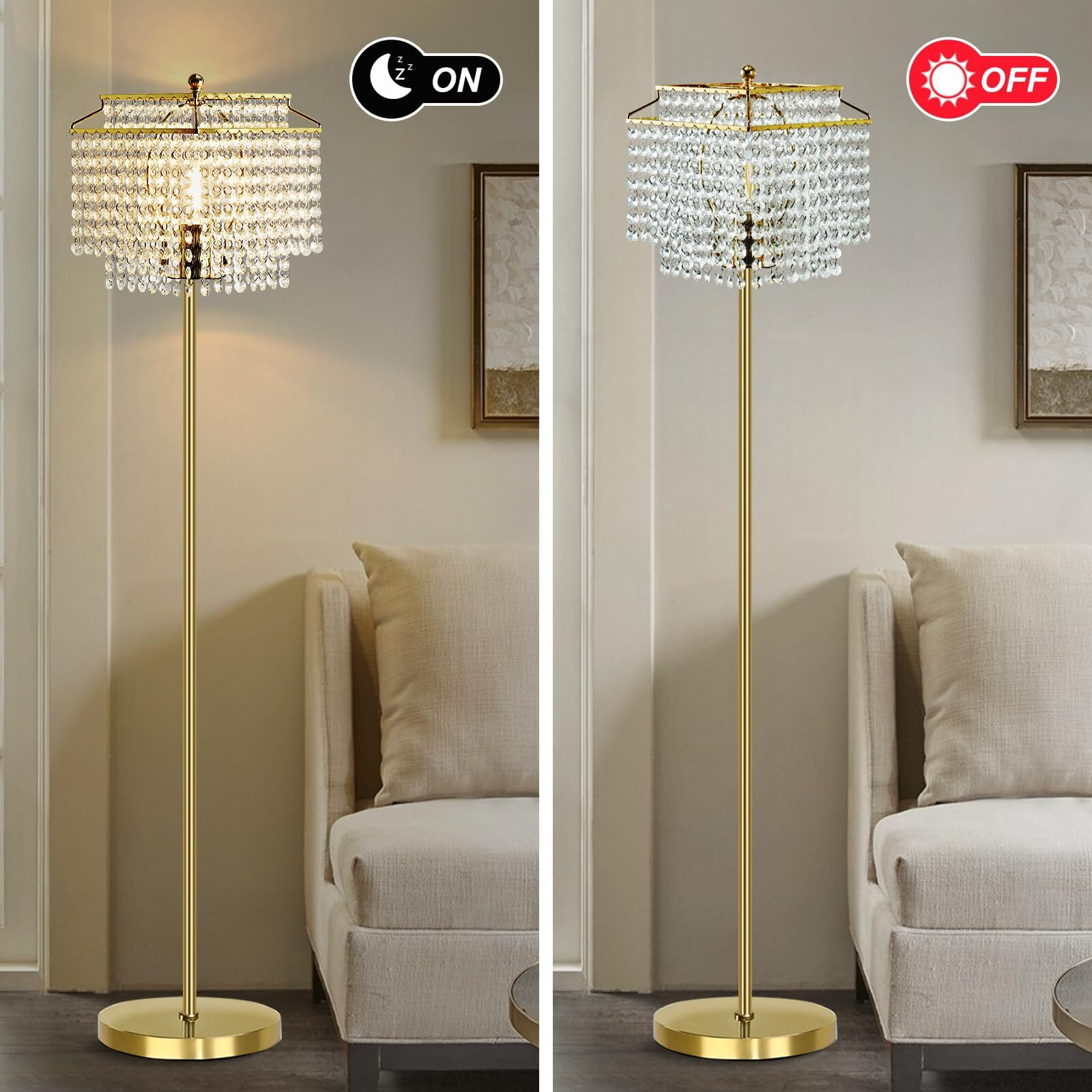 NATYSWAN Gold Crystal Floor Lamp, Modern Standing Light with Double-Layer Shade and Foot Switch (Gold, 62 in) 9z4rp