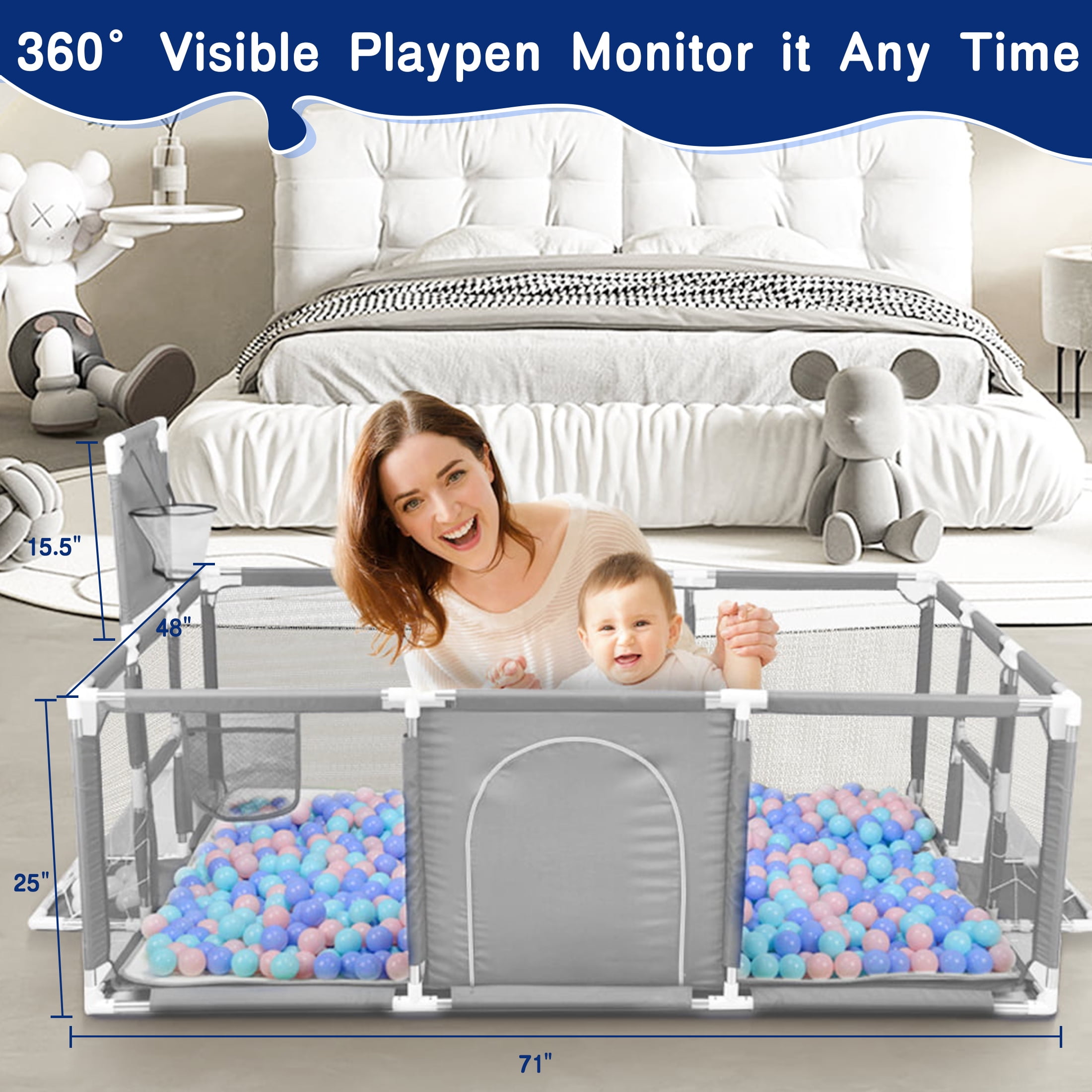 HioHa Extra Large Baby Playpen, Sturdy Indoor and Outdoor Safety Enclosure with Zippered Door (Grey, 71 in x 59 in) wt7wa